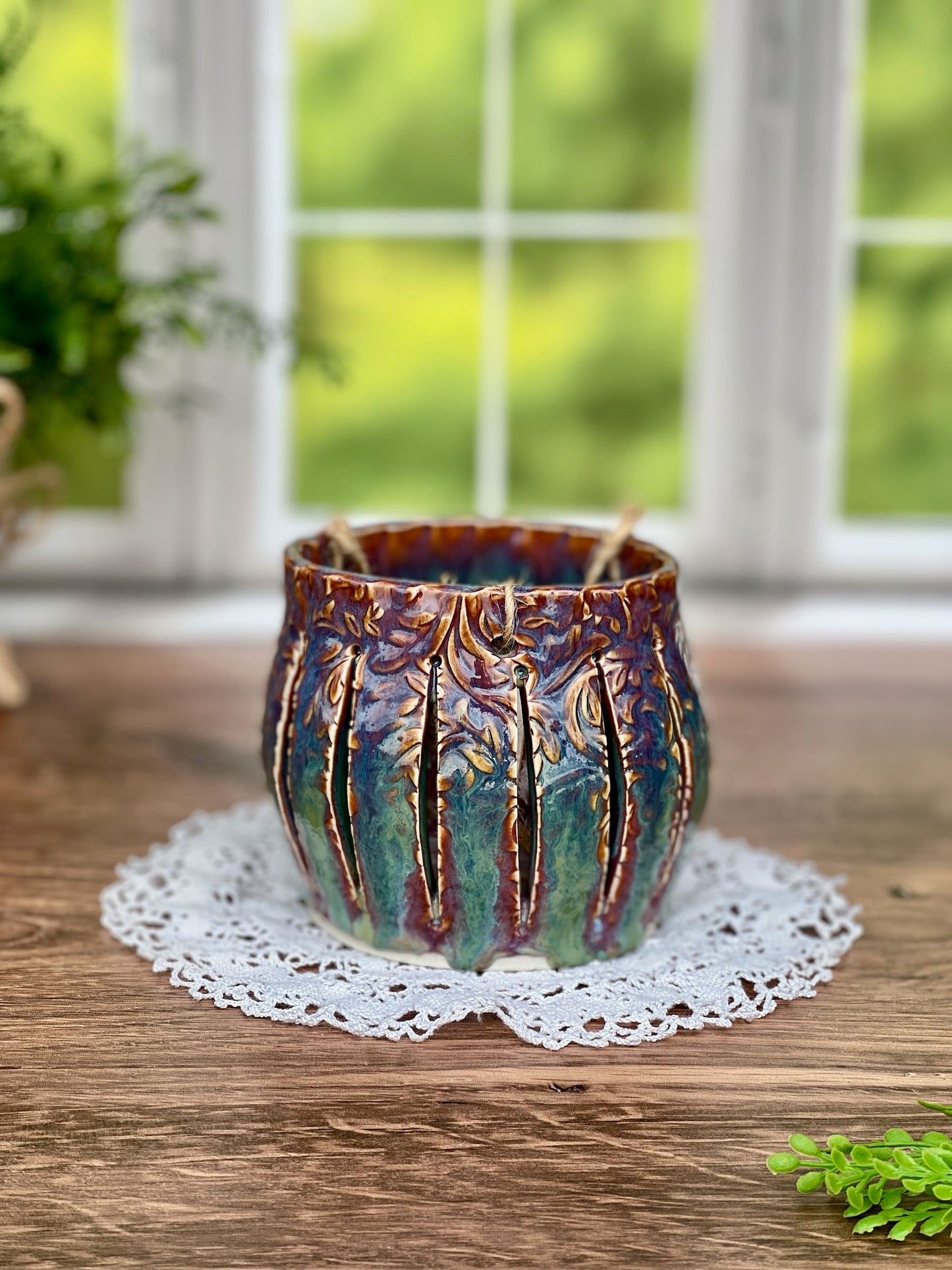 Ceramic Lantern Textured with a Leaf Scroll Design