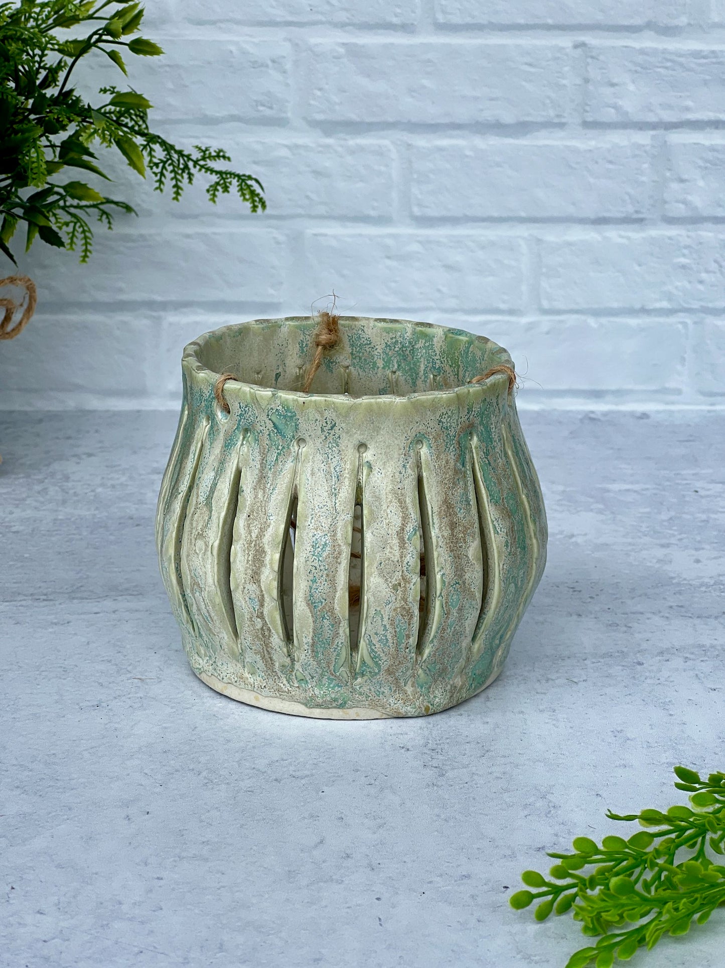 Ceramic Textured Lantern with Sea Salt and Green Tea Glaze