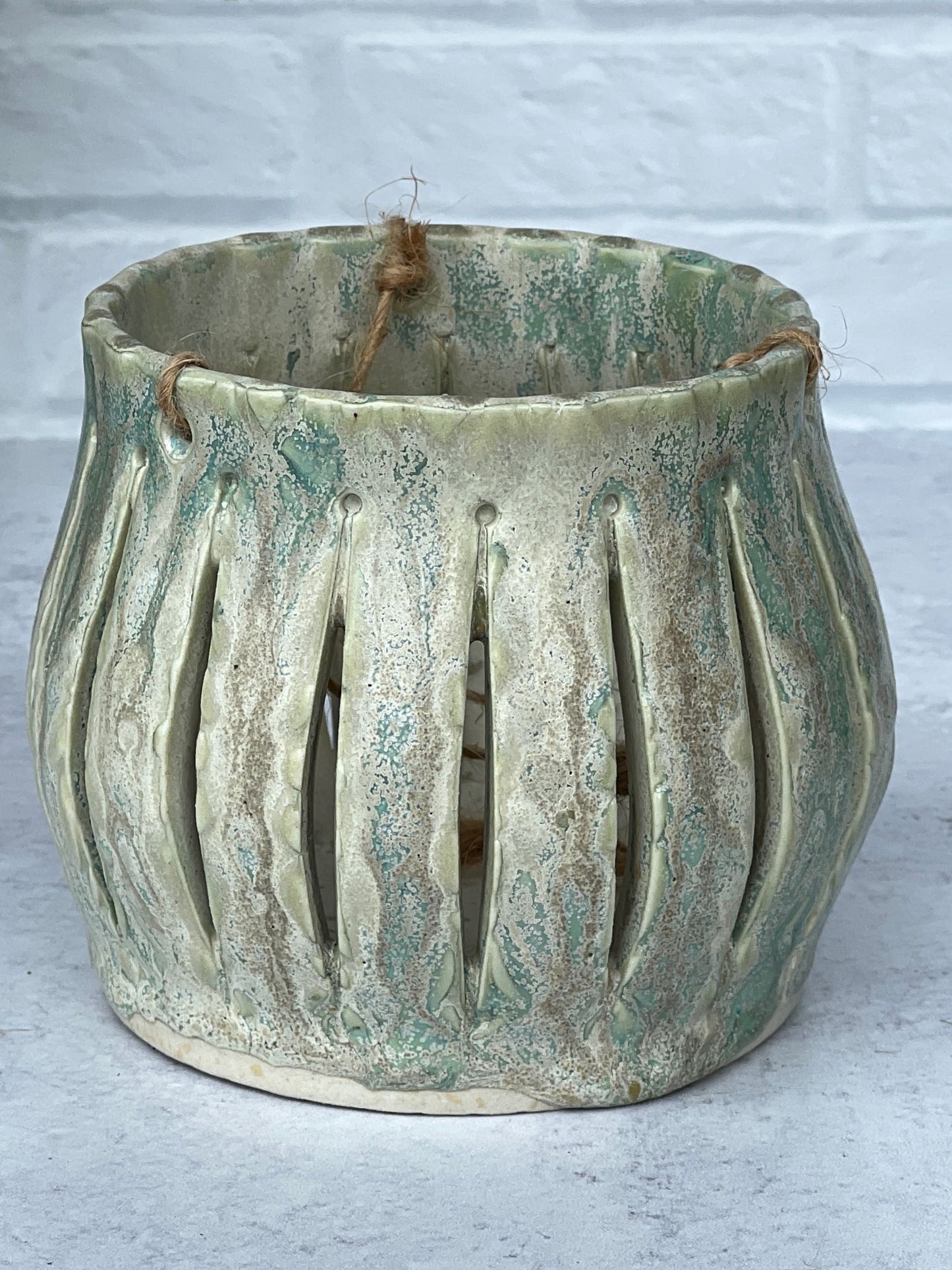 Ceramic Textured Lantern with Sea Salt and Green Tea Glaze