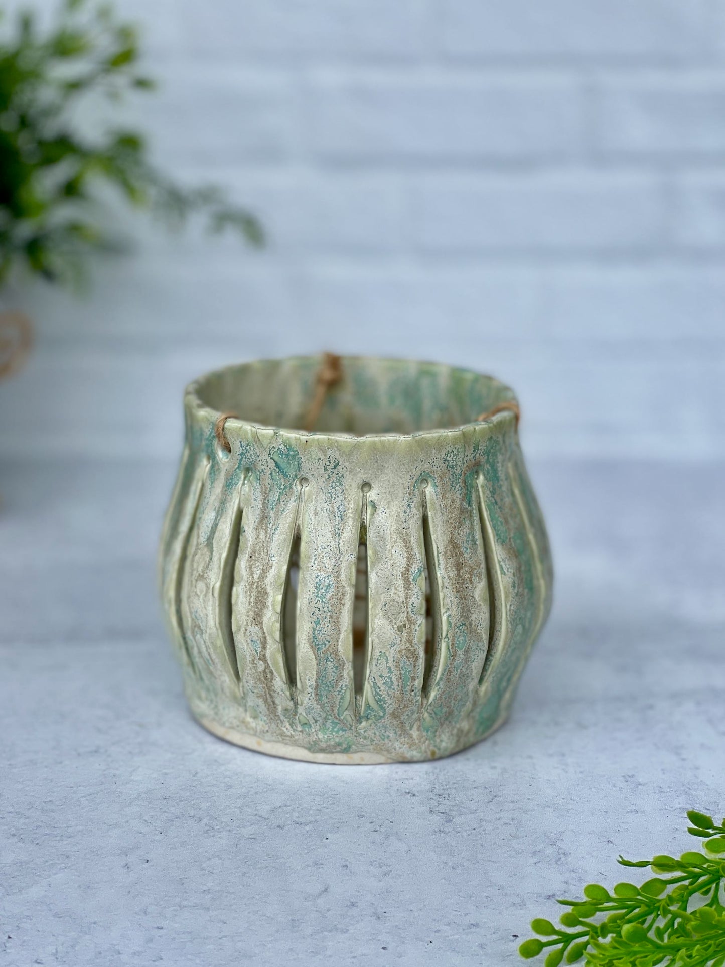 Ceramic Textured Lantern with Sea Salt and Green Tea Glaze