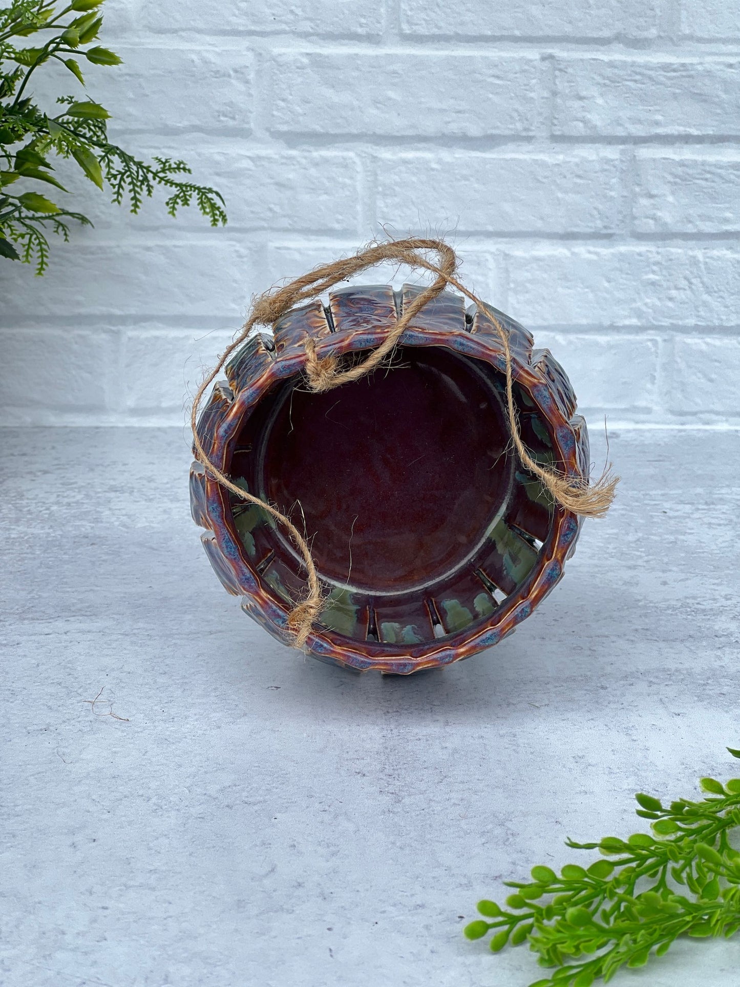 Ceramic Lantern Textured with a Leaf Scroll Design