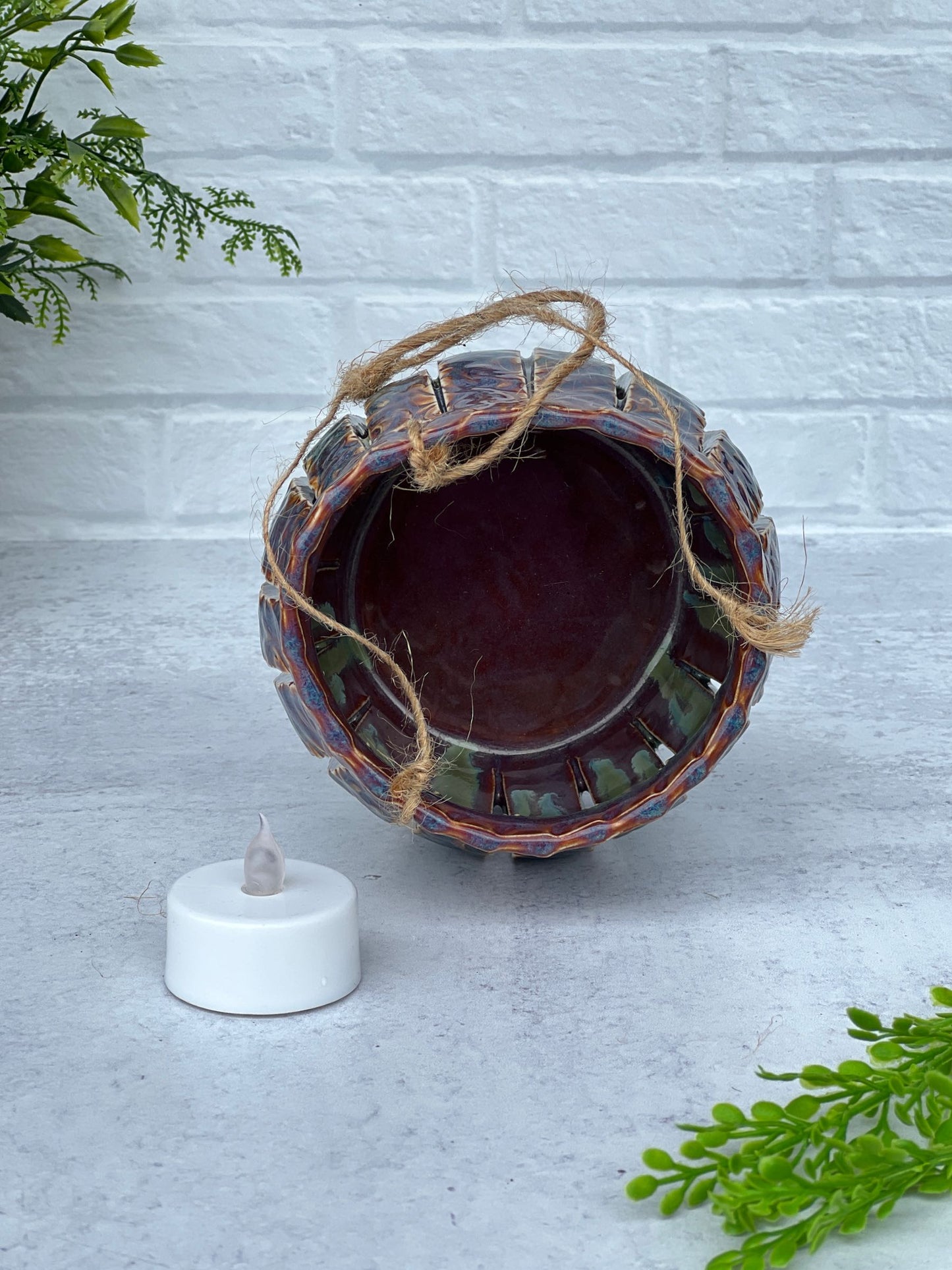 Ceramic Lantern Textured with a Leaf Scroll Design