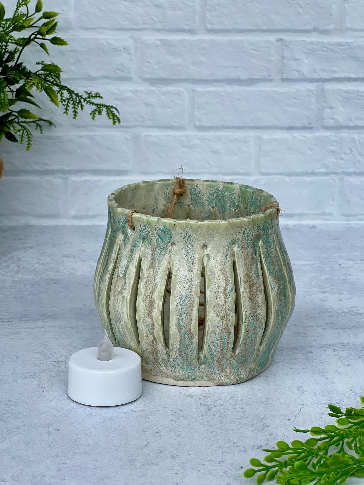 Ceramic Textured Lantern with Sea Salt and Green Tea Glaze