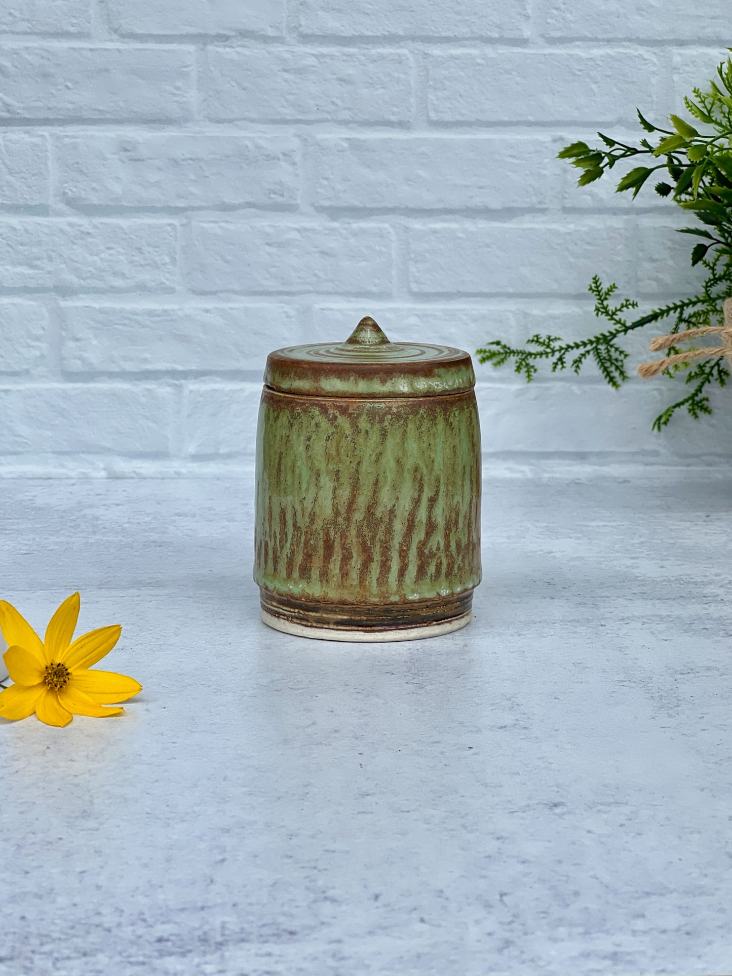 Wheel Thrown Green Brown Lidded Jar