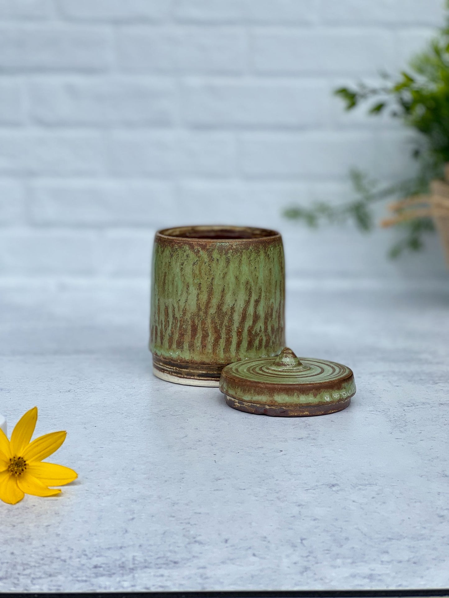 Wheel Thrown Green Brown Lidded Jar