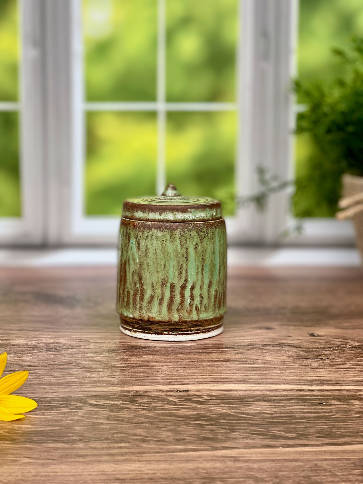 Wheel Thrown Green Brown Lidded Jar