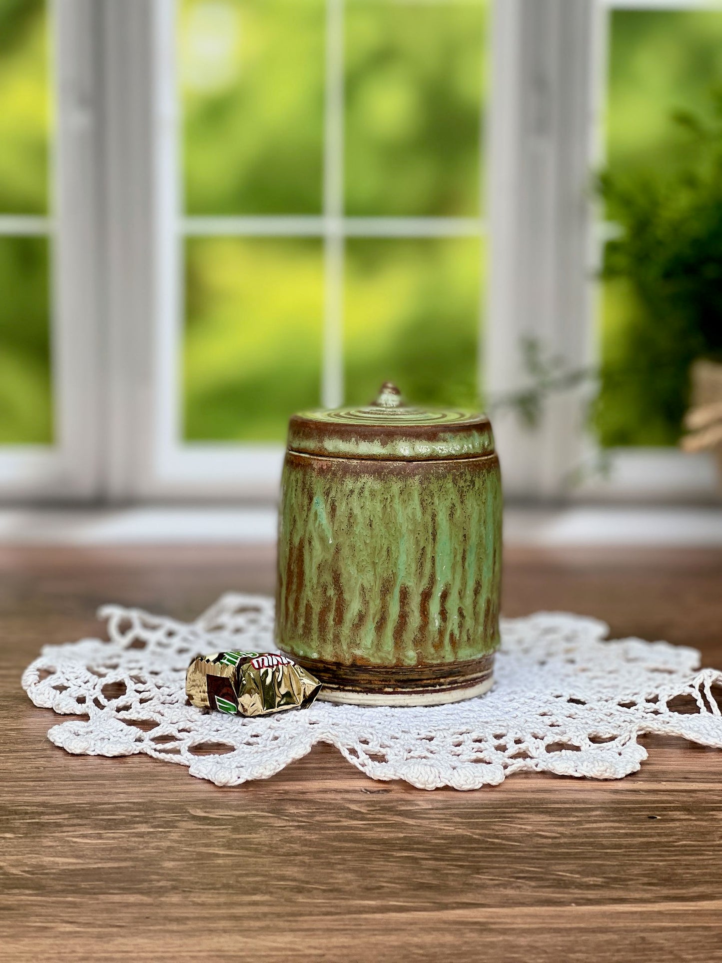 Wheel Thrown Green Brown Lidded Jar