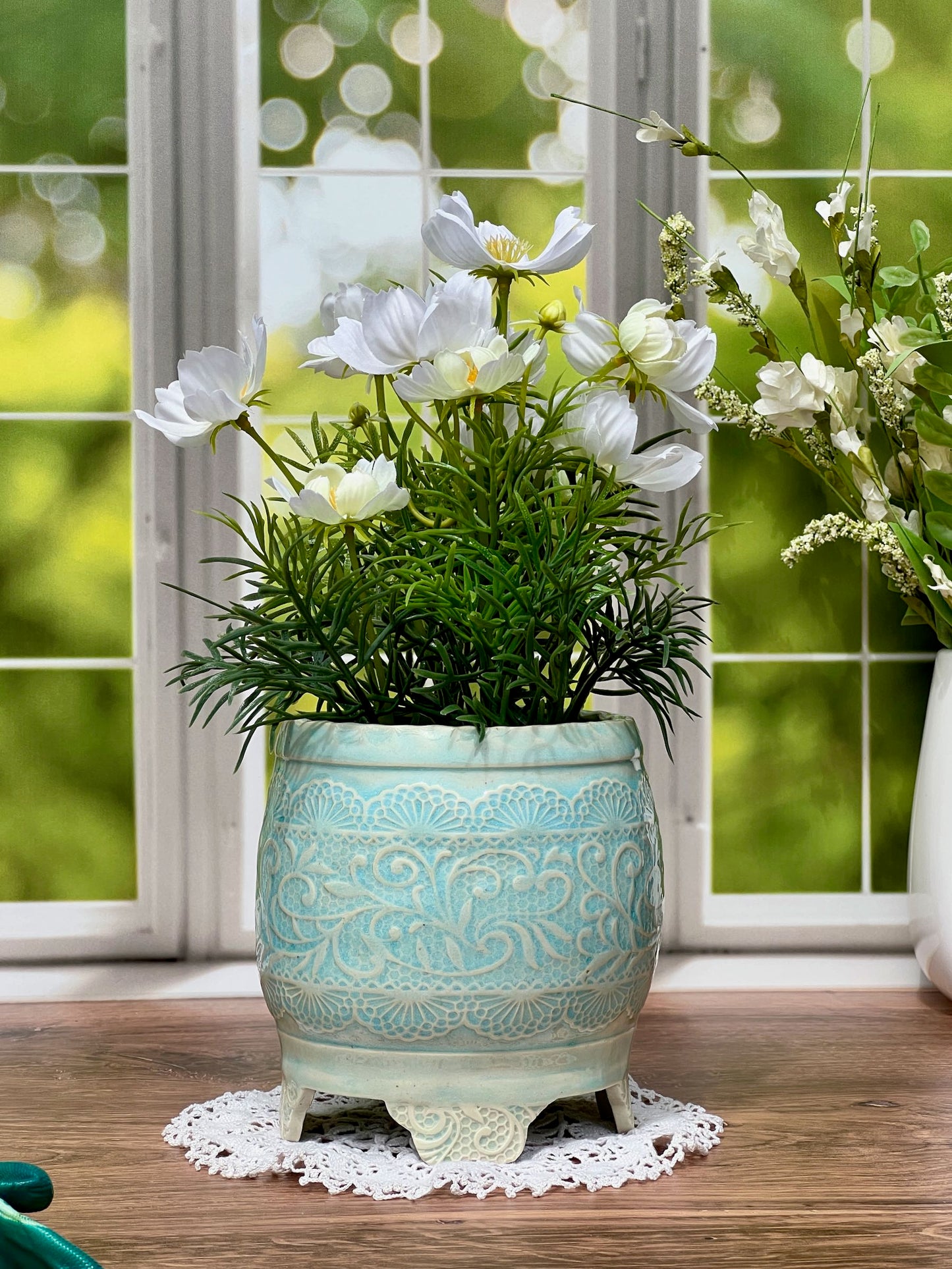 Tall Round Planter with Intricate Lace Texture and Chun Blue Glaze