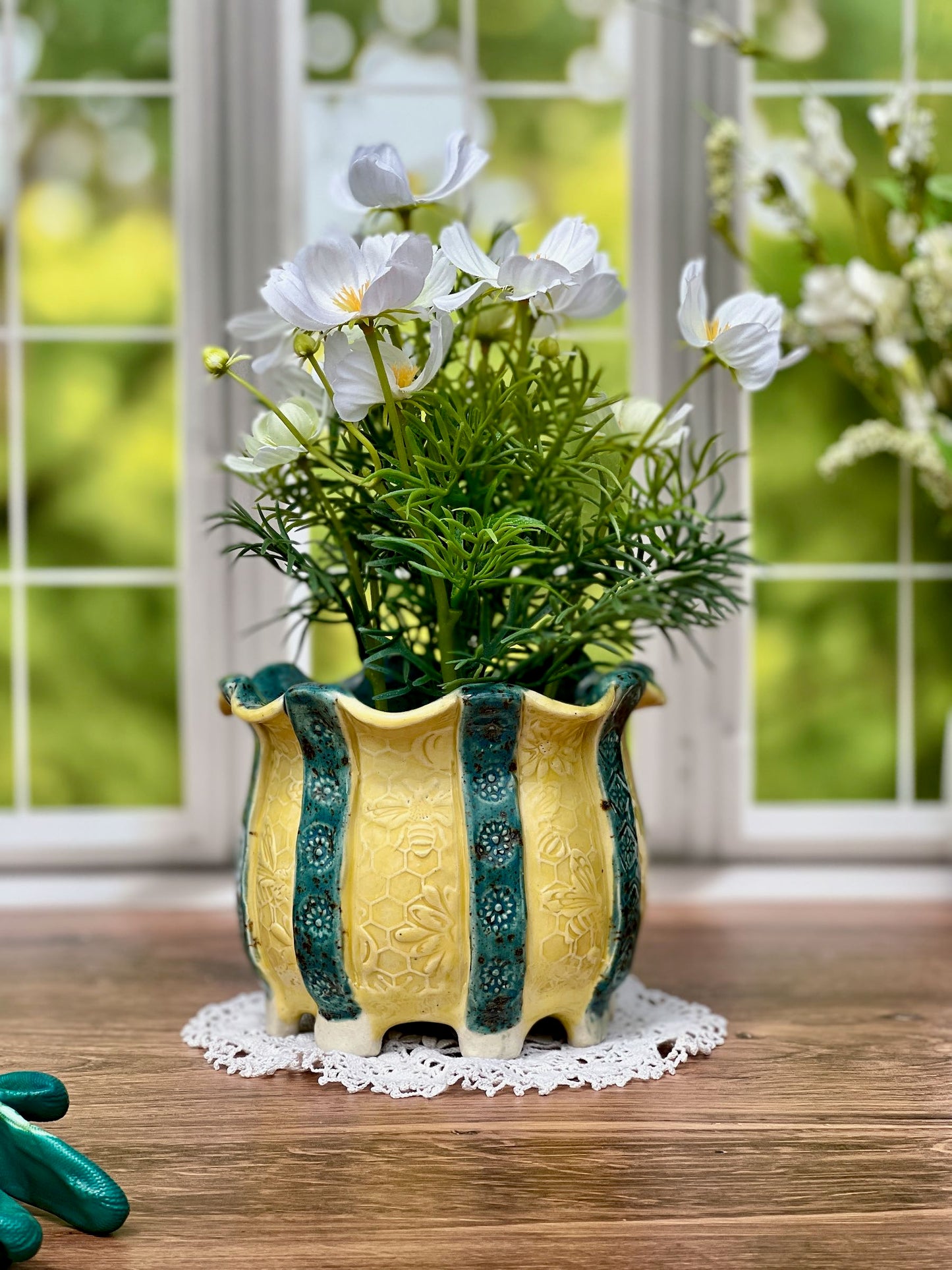 Round Planter with Honey Comb Texture and Yellow and Cenote Glaze