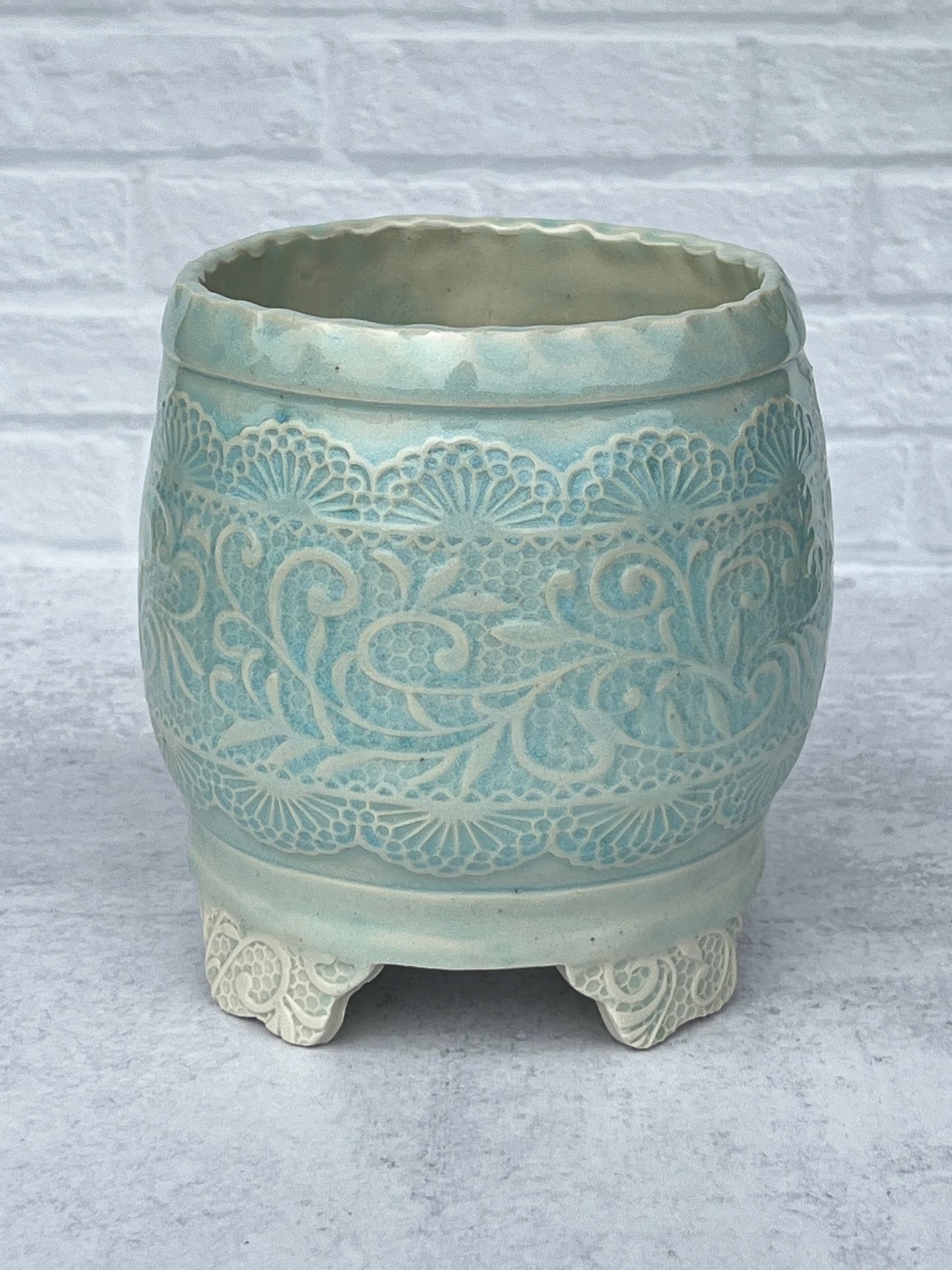 Tall Round Planter with Intricate Lace Texture and Chun Blue Glaze