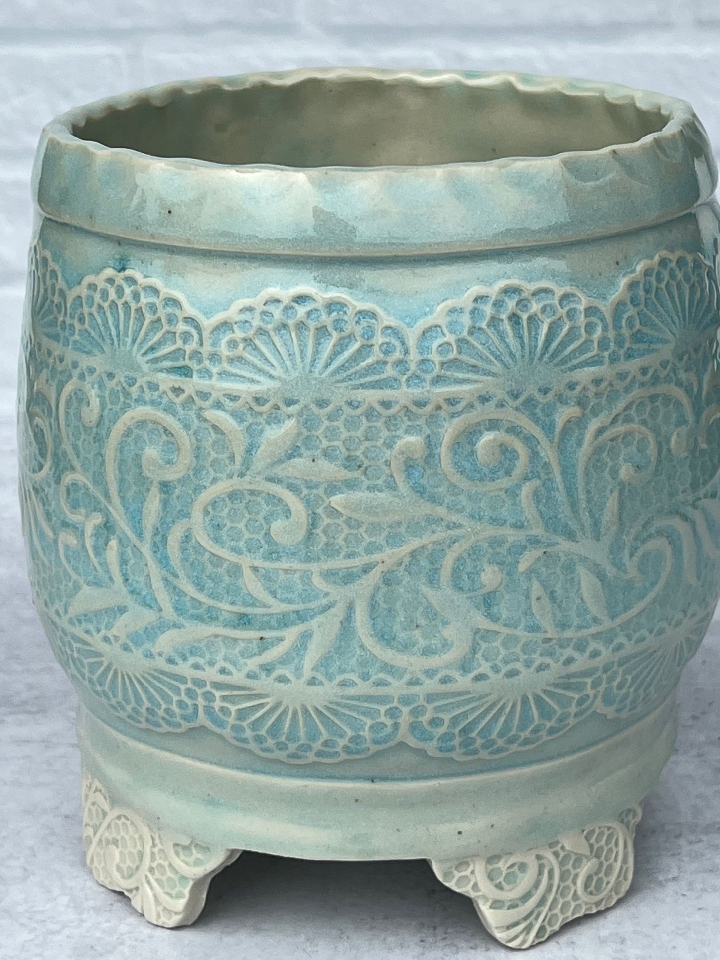 Tall Round Planter with Intricate Lace Texture and Chun Blue Glaze