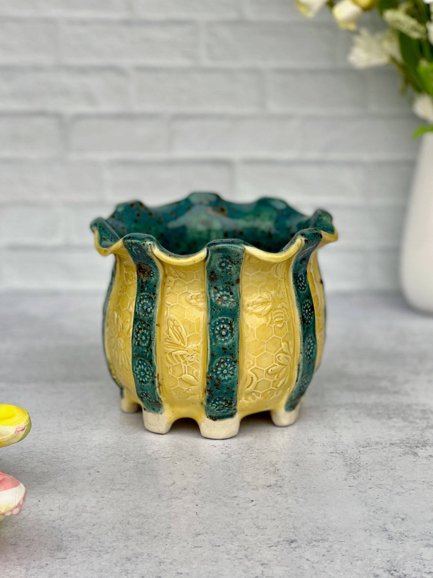 Round Planter with Honey Comb Texture and Yellow and Cenote Glaze