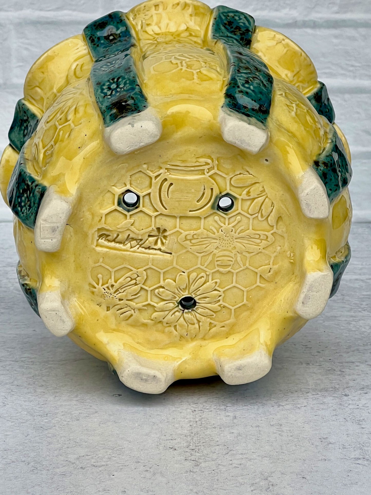 Round Planter with Honey Comb Texture and Yellow and Cenote Glaze