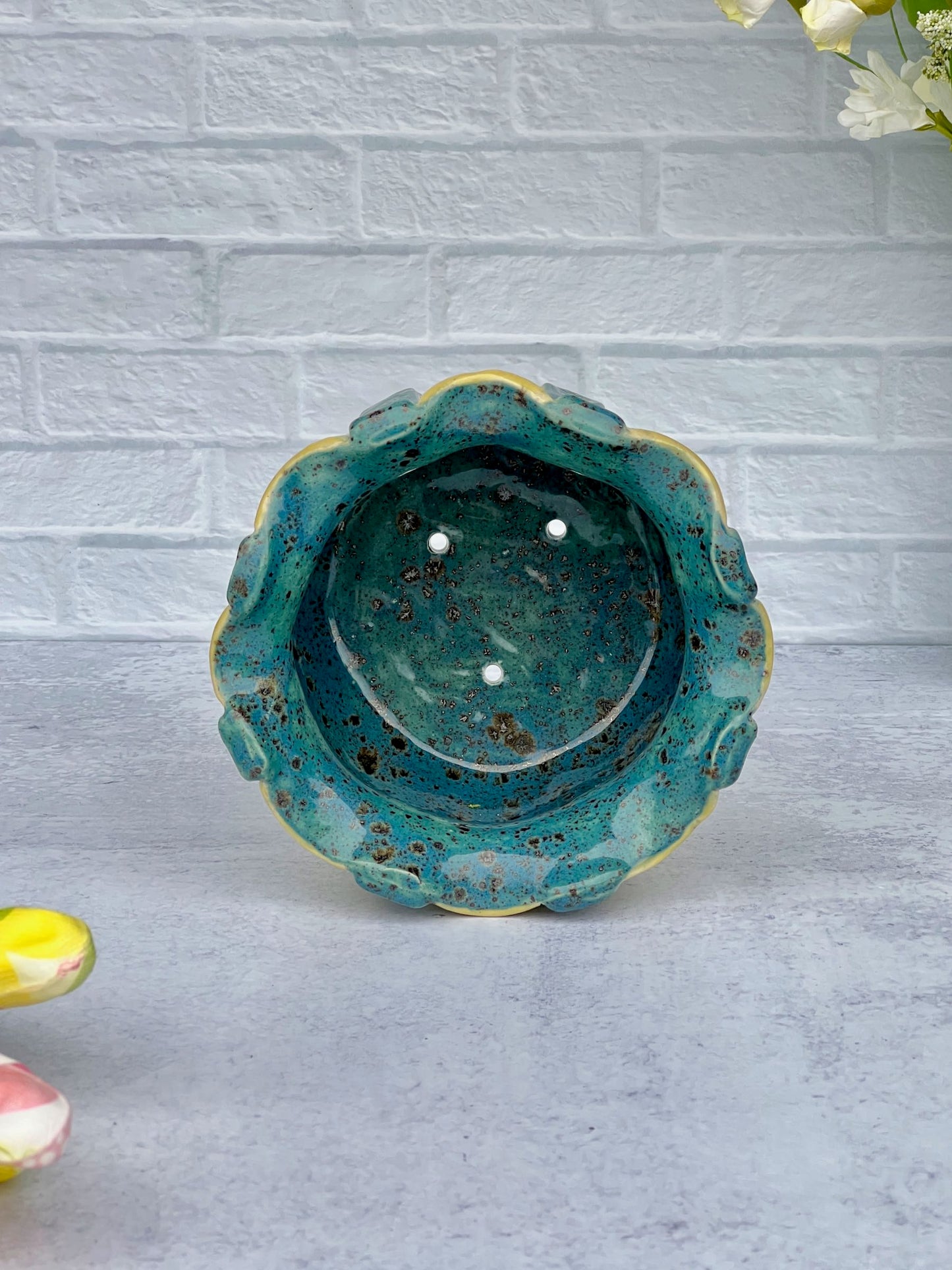 Round Planter with Honey Comb Texture and Yellow and Cenote Glaze