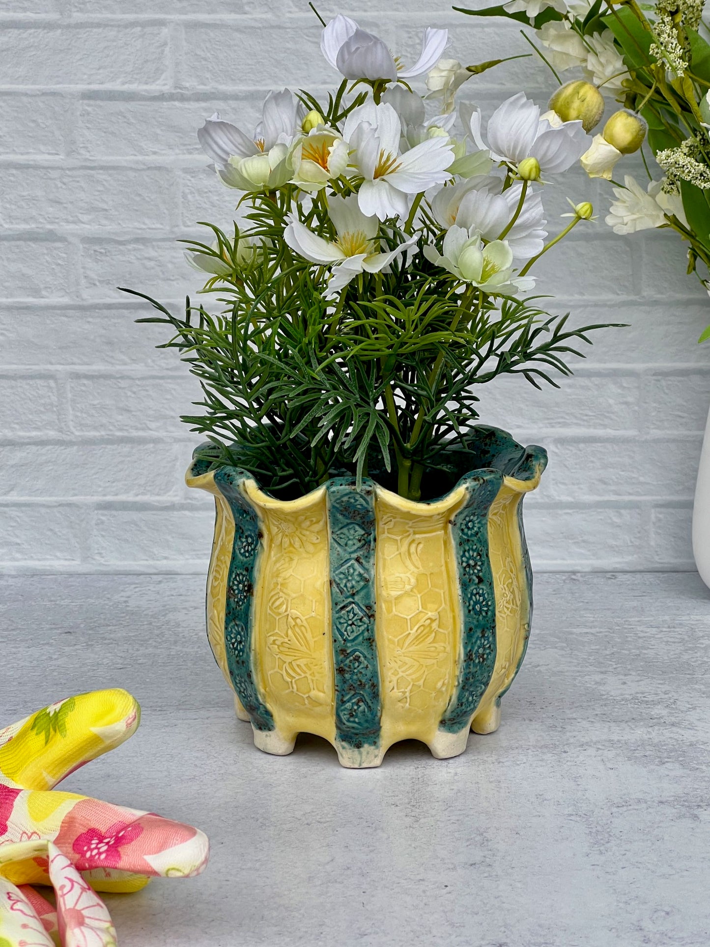 Round Planter with Honey Comb Texture and Yellow and Cenote Glaze