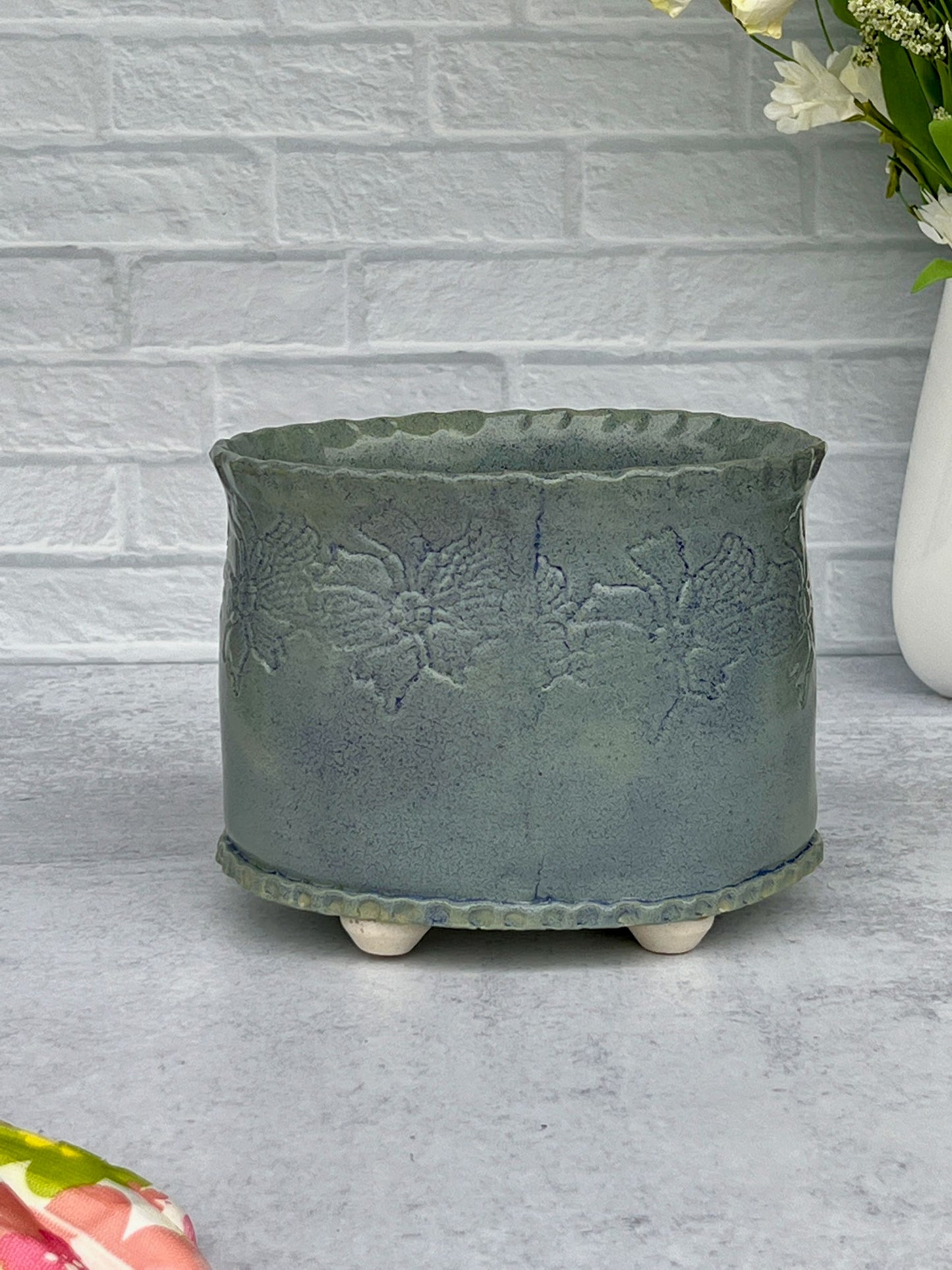 Large Slab-built Oval Matte Blue Glazed Planter With Stamped Flower Design