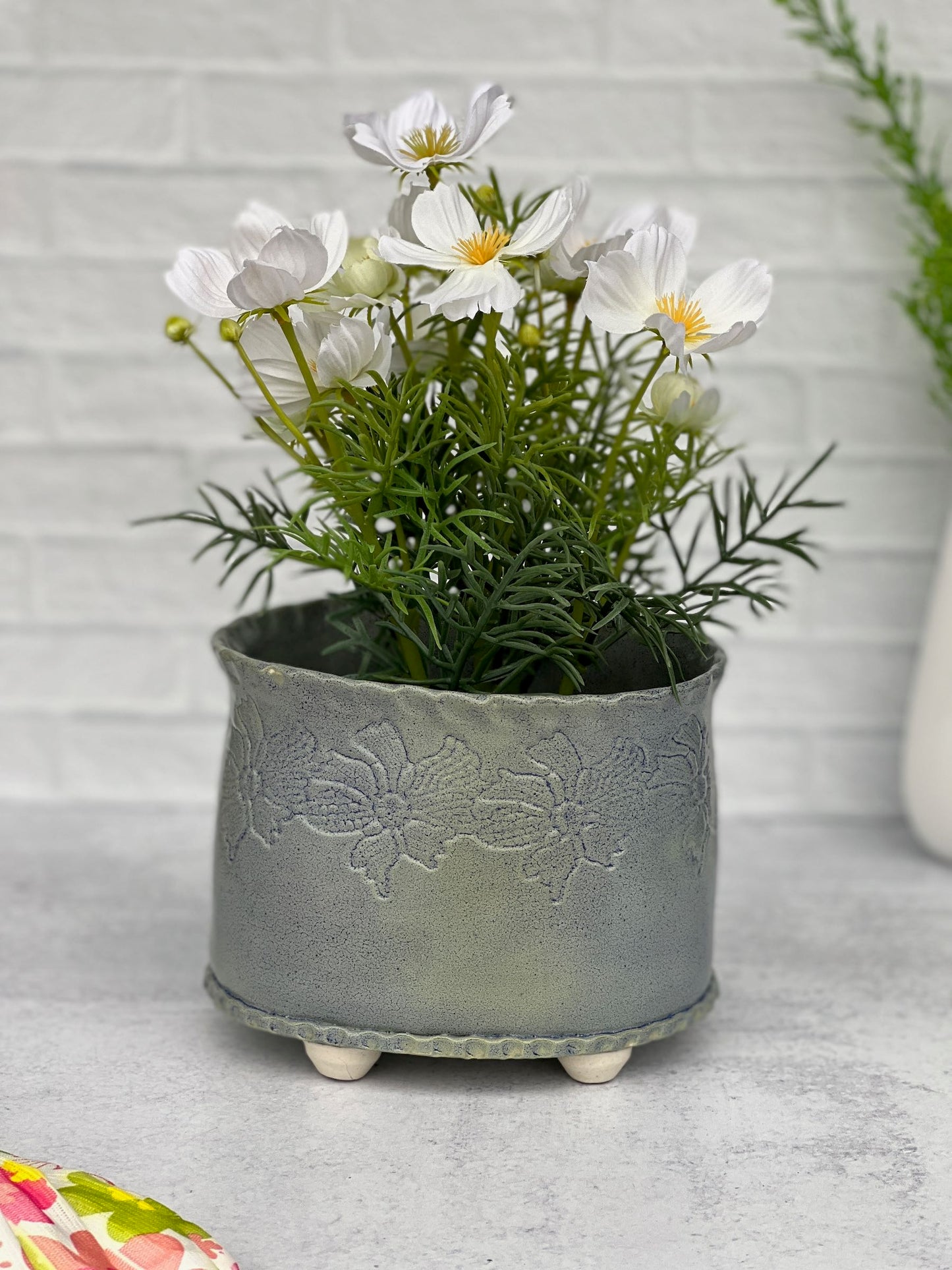 Large Slab-built Oval Matte Blue Glazed Planter With Stamped Flower Design