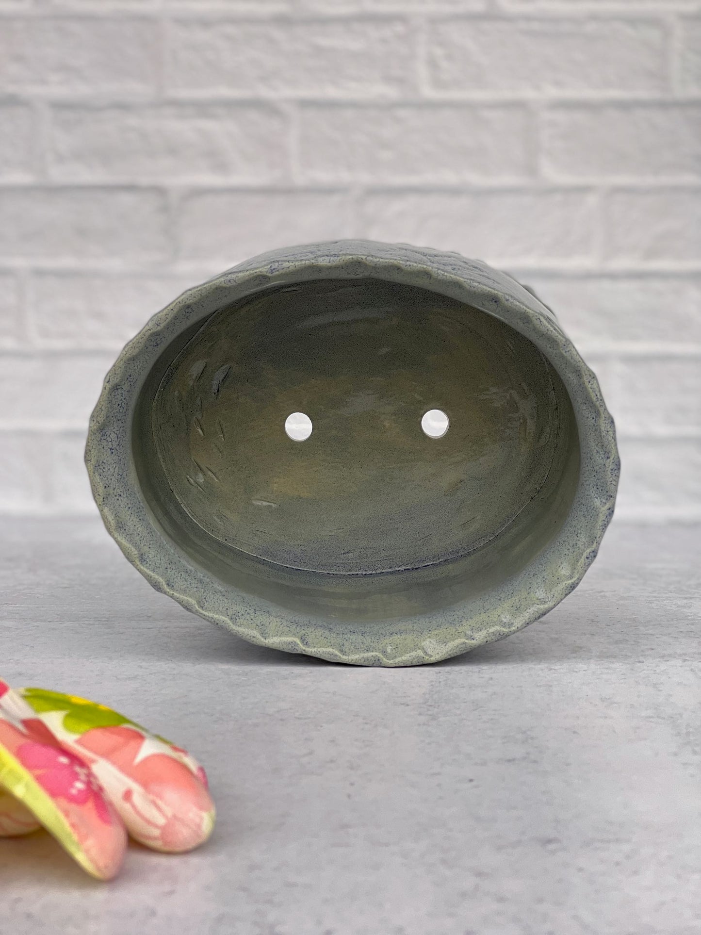 Large Slab-built Oval Matte Blue Glazed Planter With Stamped Flower Design