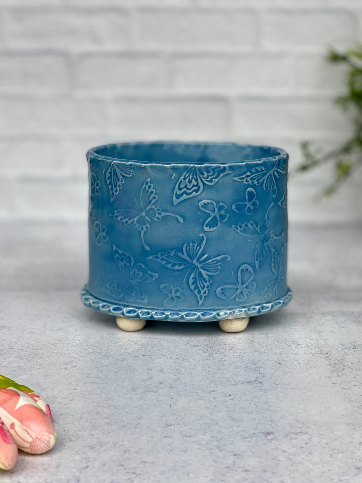 Oval Butterfly Textured Blue Planter