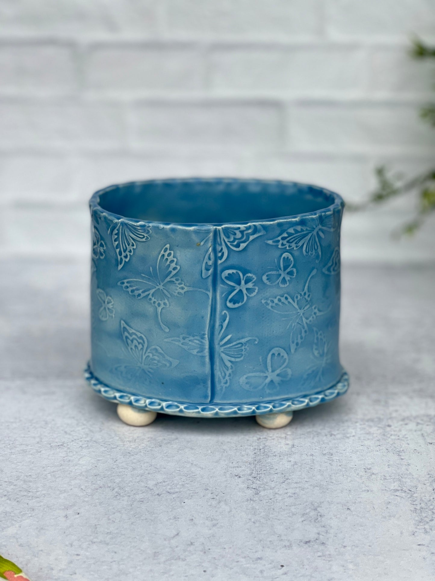 Oval Butterfly Textured Blue Planter