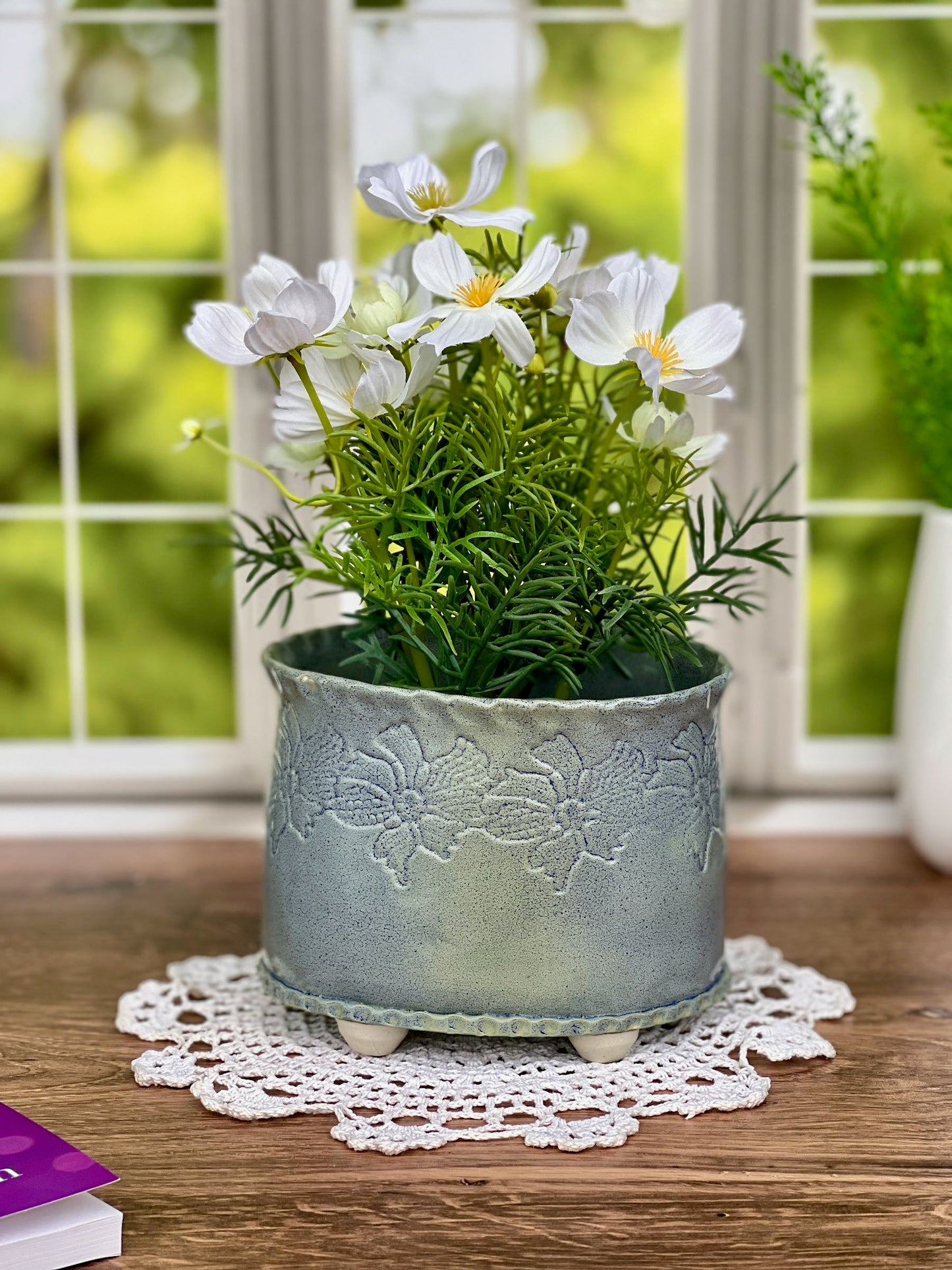 Large Slab-built Oval Matte Blue Glazed Planter With Stamped Flower Design