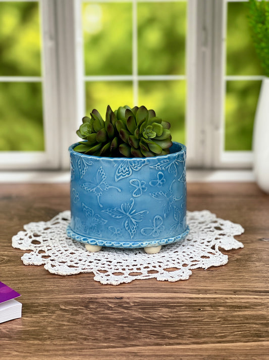 Oval Butterfly Textured Blue Planter