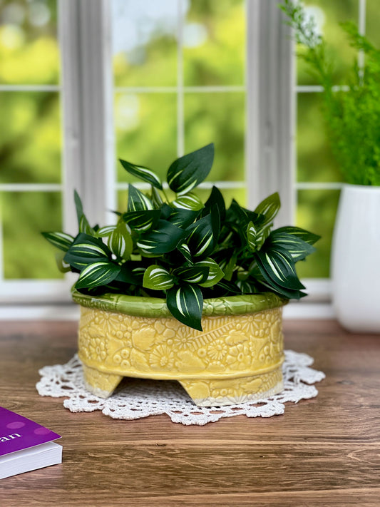 Rounded Diamond Shaped Planter with Yellow and Green Glaze