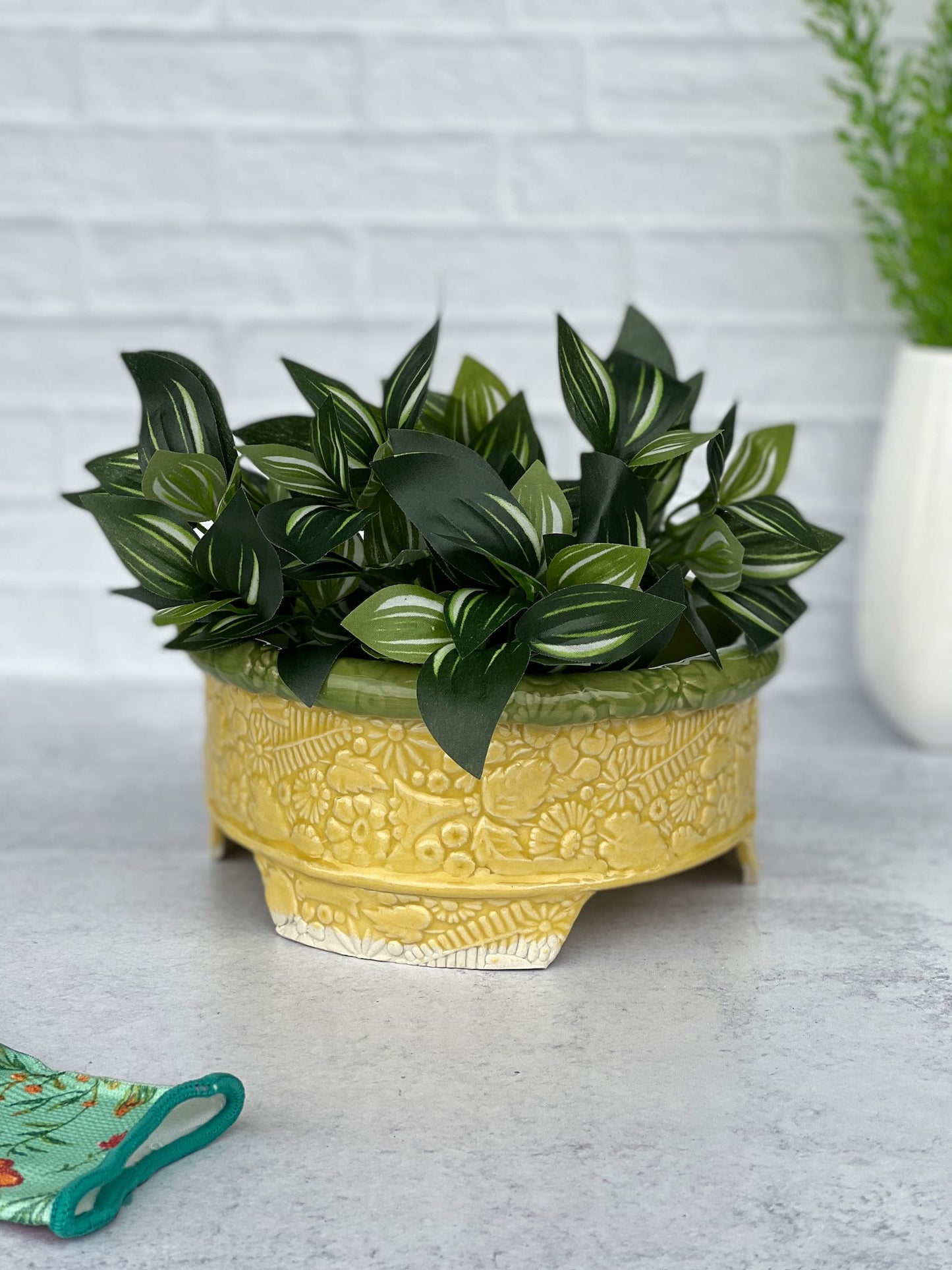 Rounded Diamond Shaped Planter with Yellow and Green Glaze