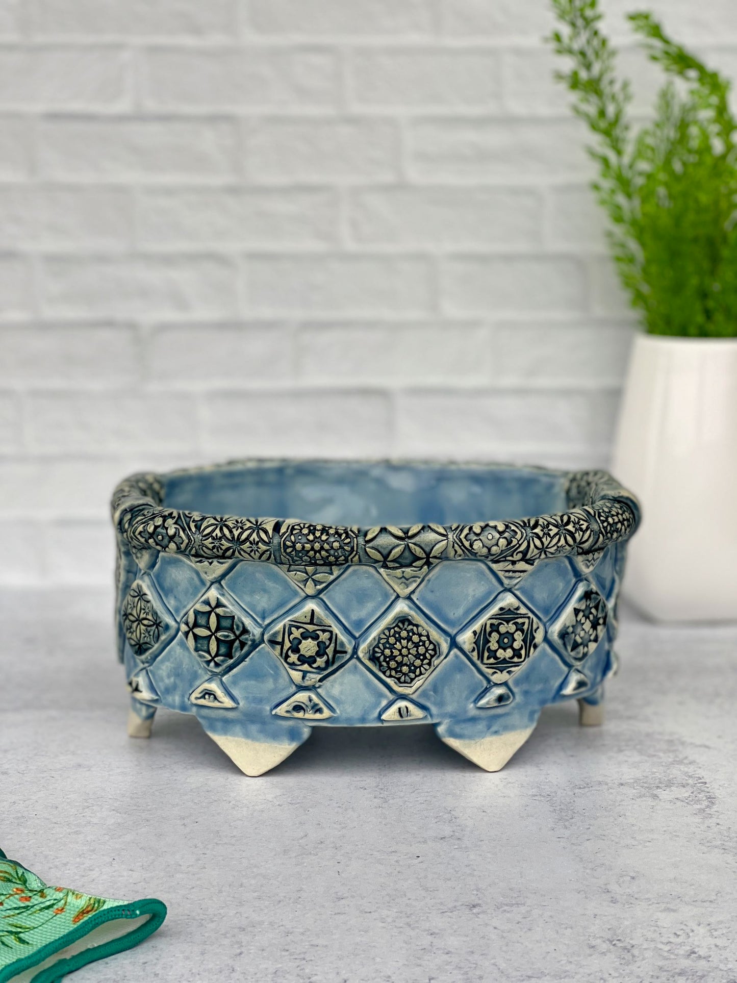 Blue Oval Planter with Textured Diamond Designs