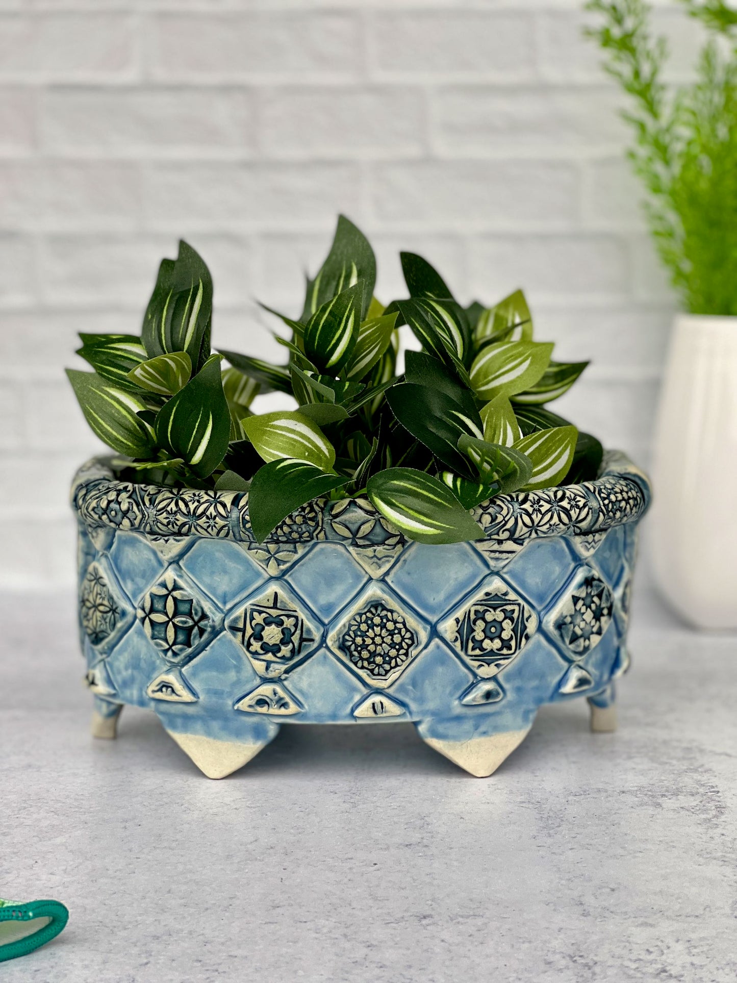 Blue Oval Planter with Textured Diamond Designs