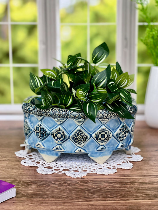 Blue Oval Planter with Textured Diamond Designs