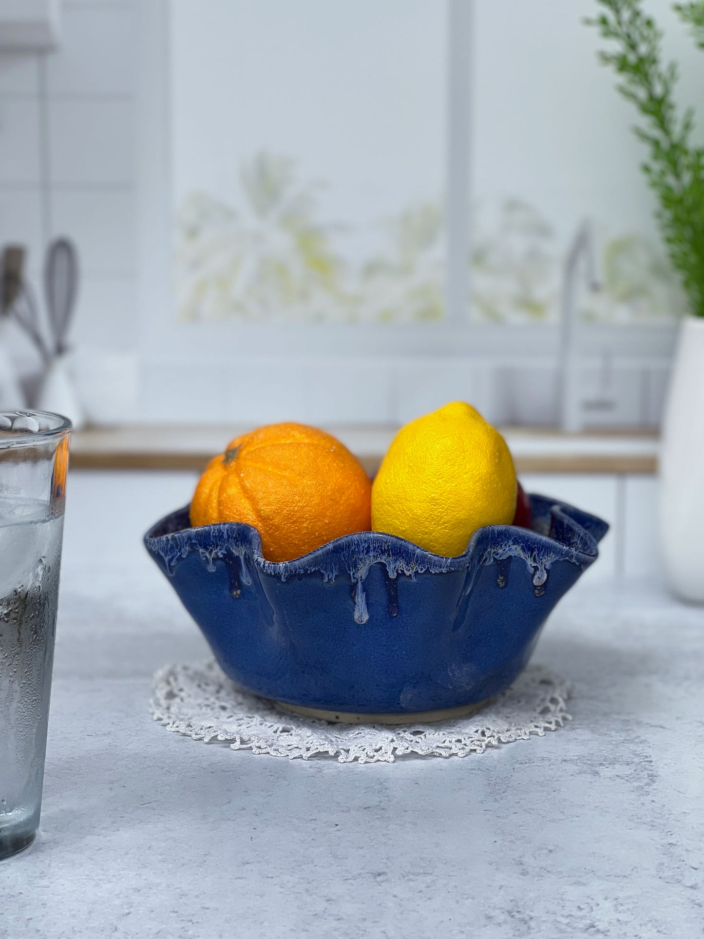 Wheel Thrown Drooped Porcelain Bowl with a Blue and White Blended Glaze