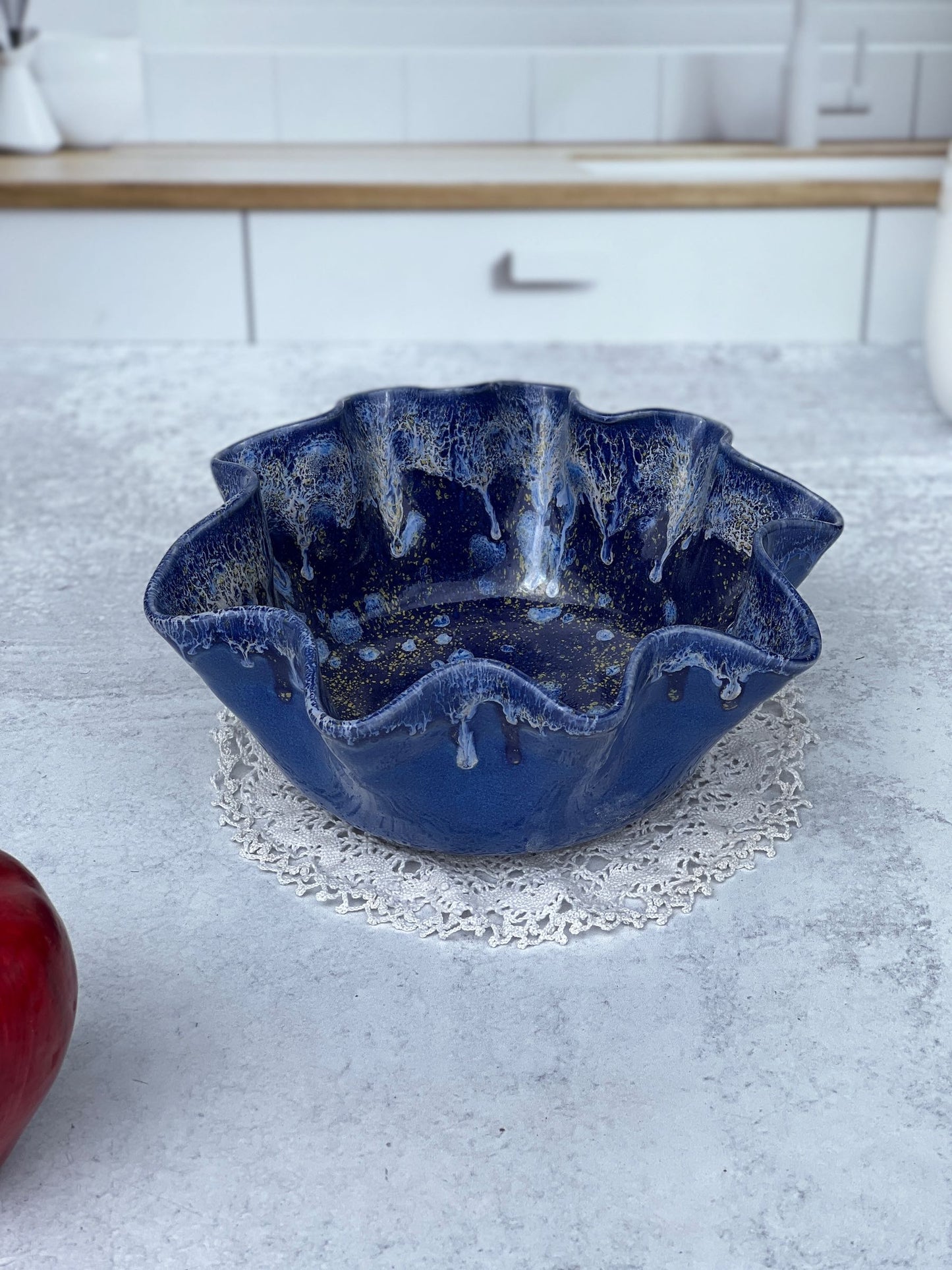 Wheel Thrown Drooped Porcelain Bowl with a Blue and White Blended Glaze