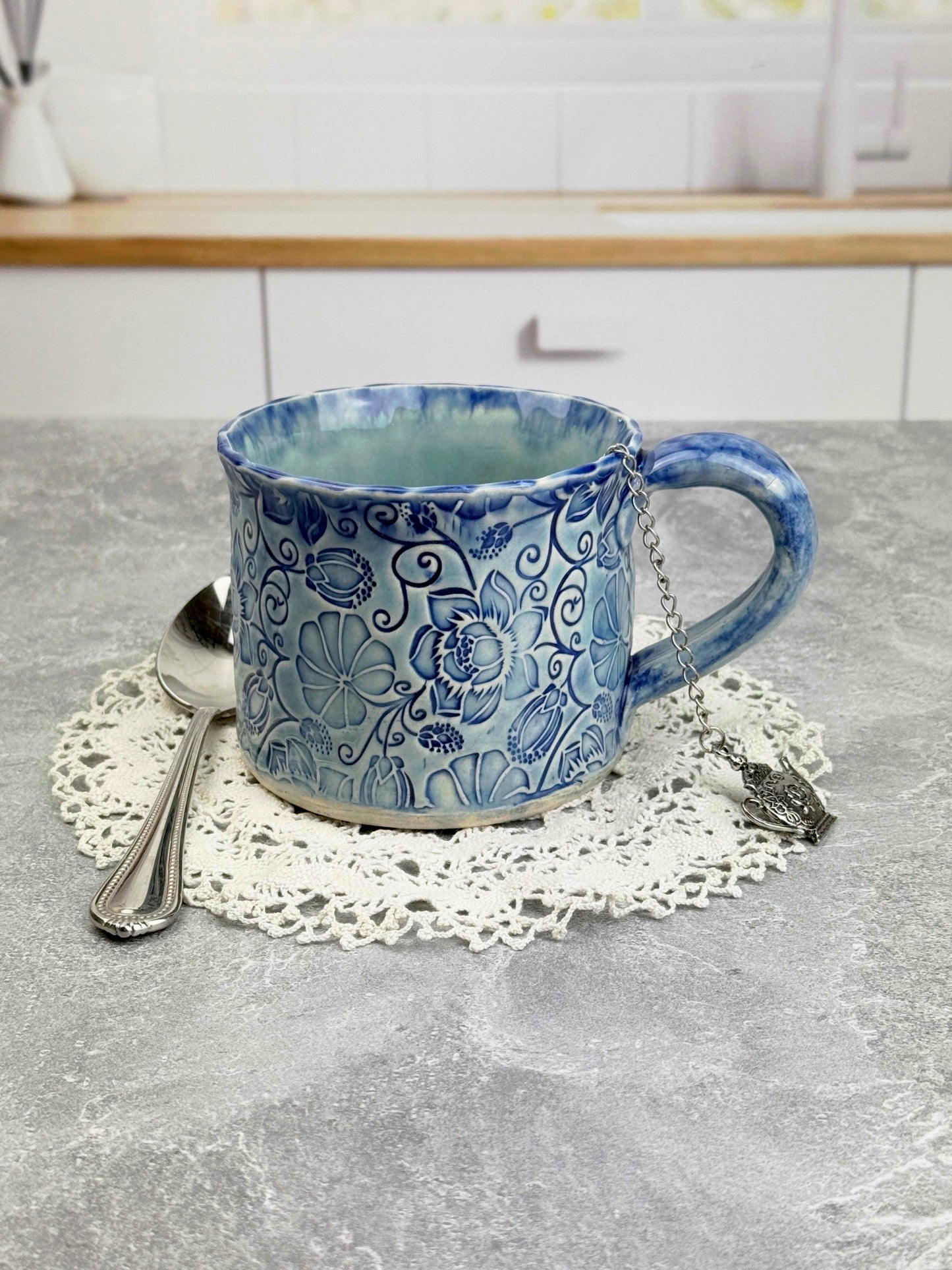 Blue Ceramic Stoneware Mug with Flower Design