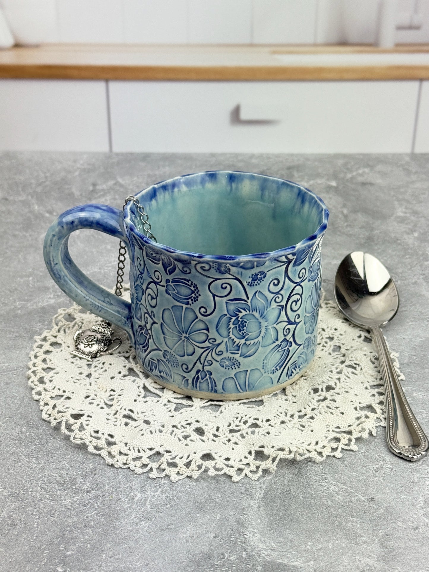 Blue Ceramic Stoneware Mug with Flower Design