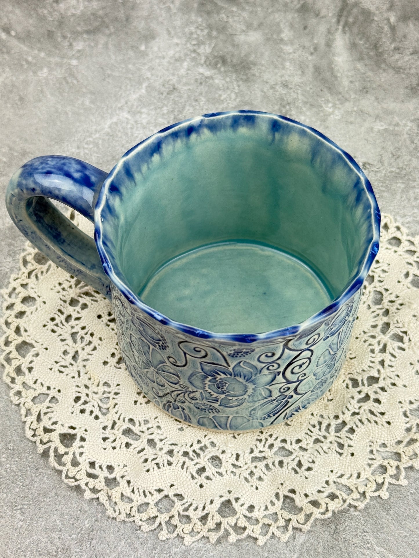 Blue Ceramic Stoneware Mug with Flower Design
