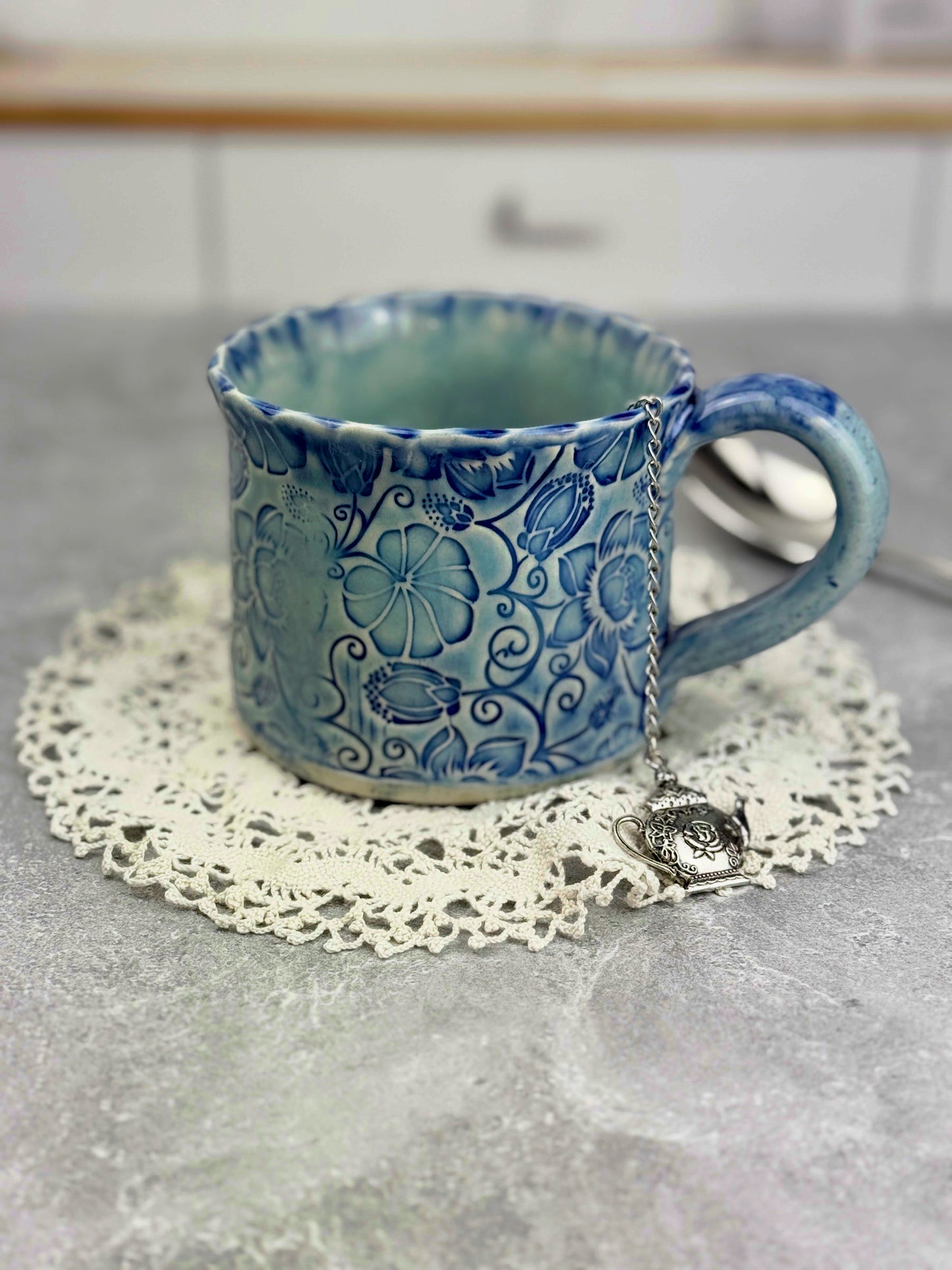 Blue Ceramic Stoneware Mug with Flower Design