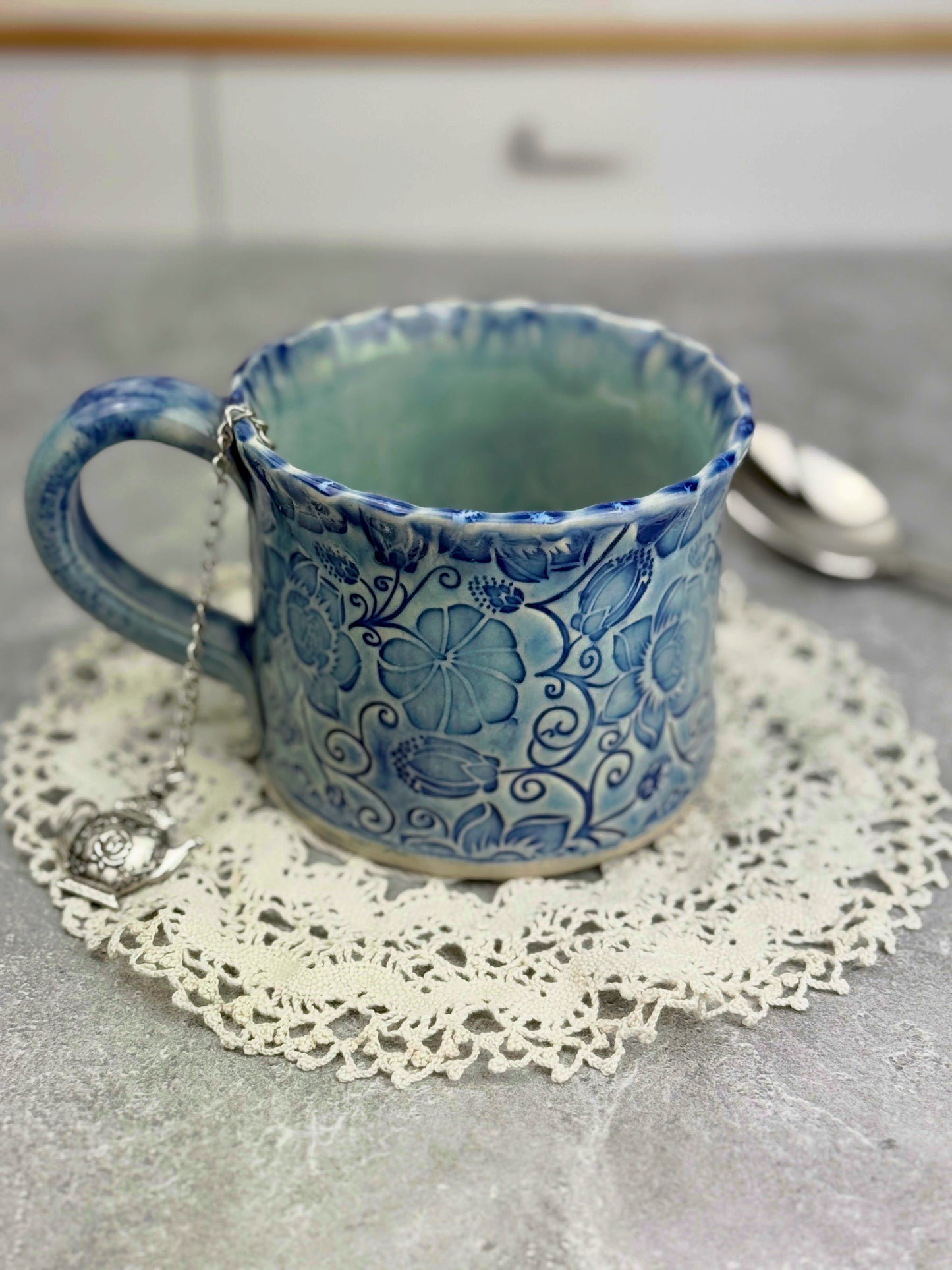 Blue Ceramic Stoneware Mug with Flower Design