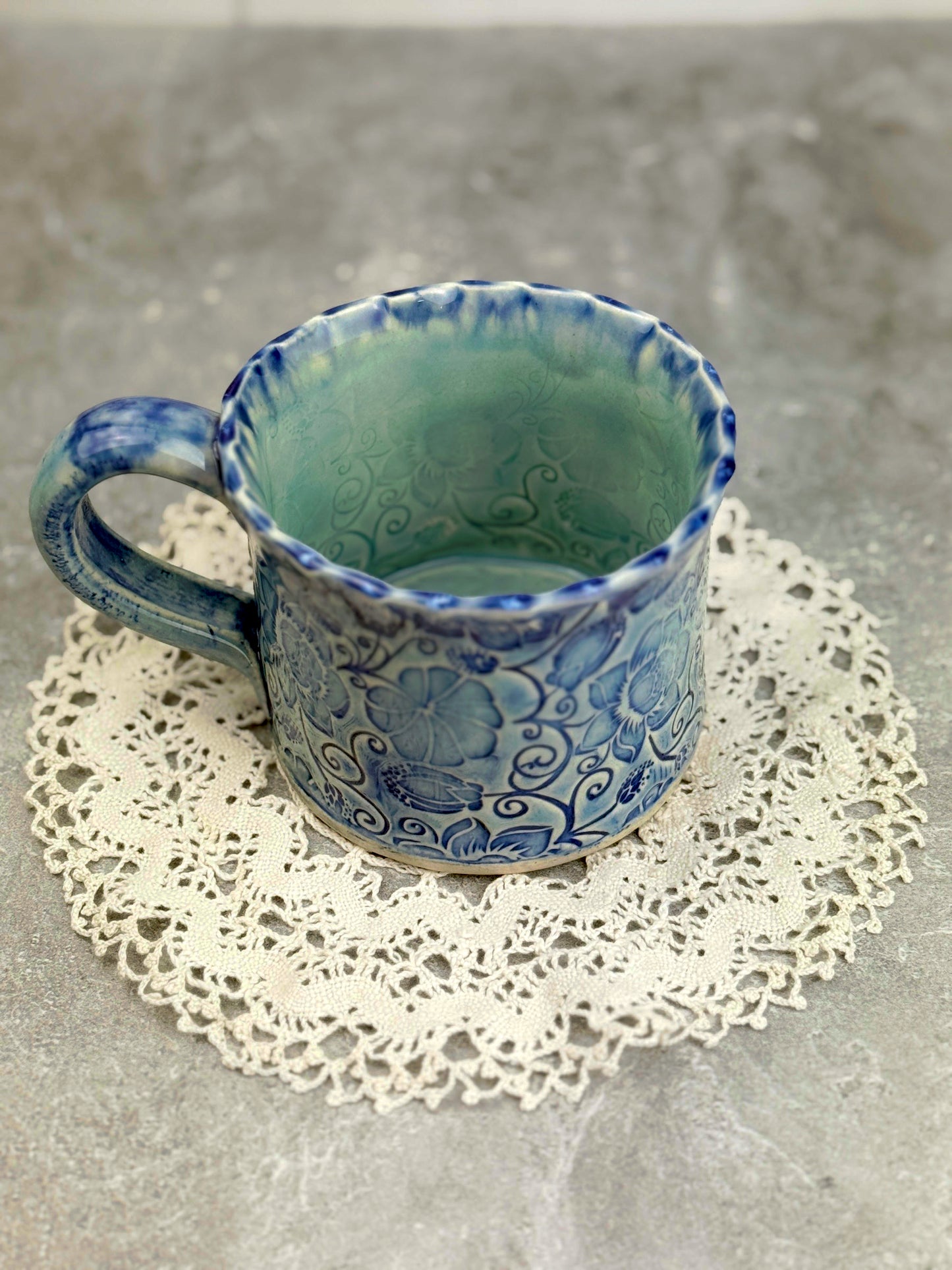 Blue Ceramic Stoneware Mug with Flower Design