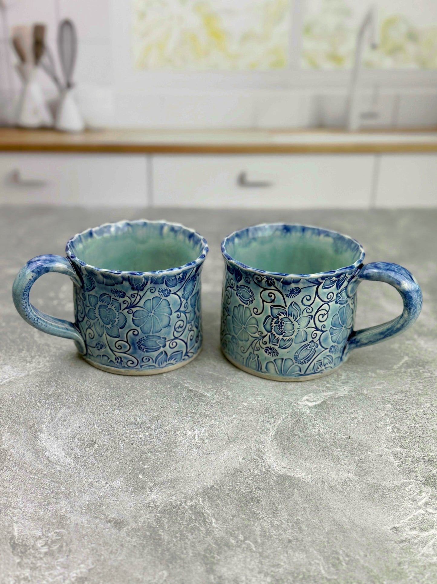 Blue Ceramic Stoneware Mug with Flower Design