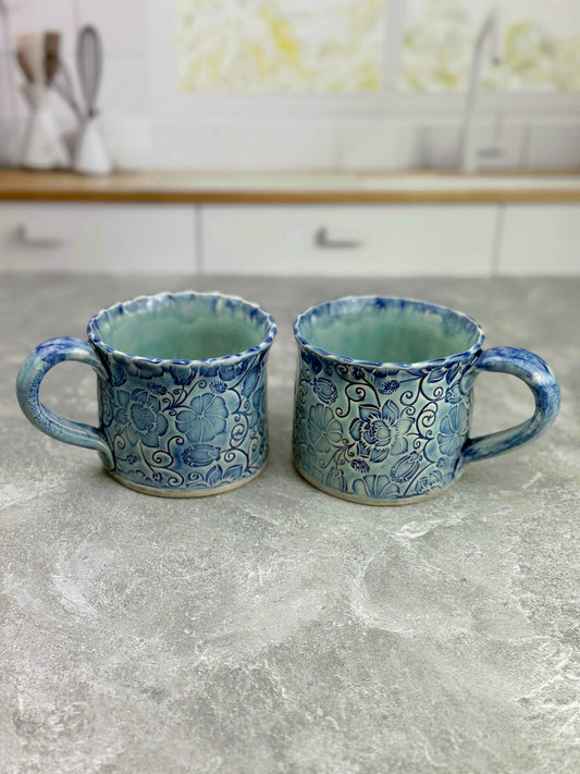 Blue Ceramic Stoneware Mug with Flower Design