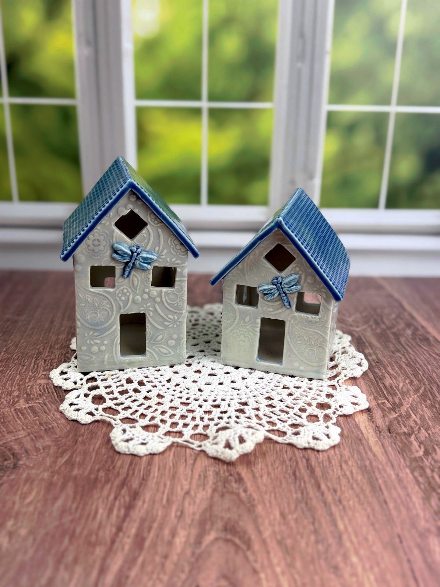 Ceramic Handmade House Luminaries with Glacier Blue Glaze
