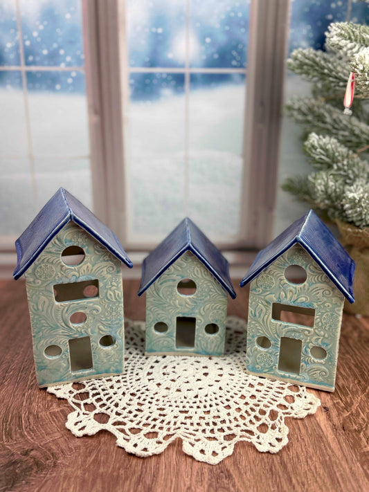 Ceramic Handmade House Luminaries with Light Blue Glaze with Ice Crystal texture