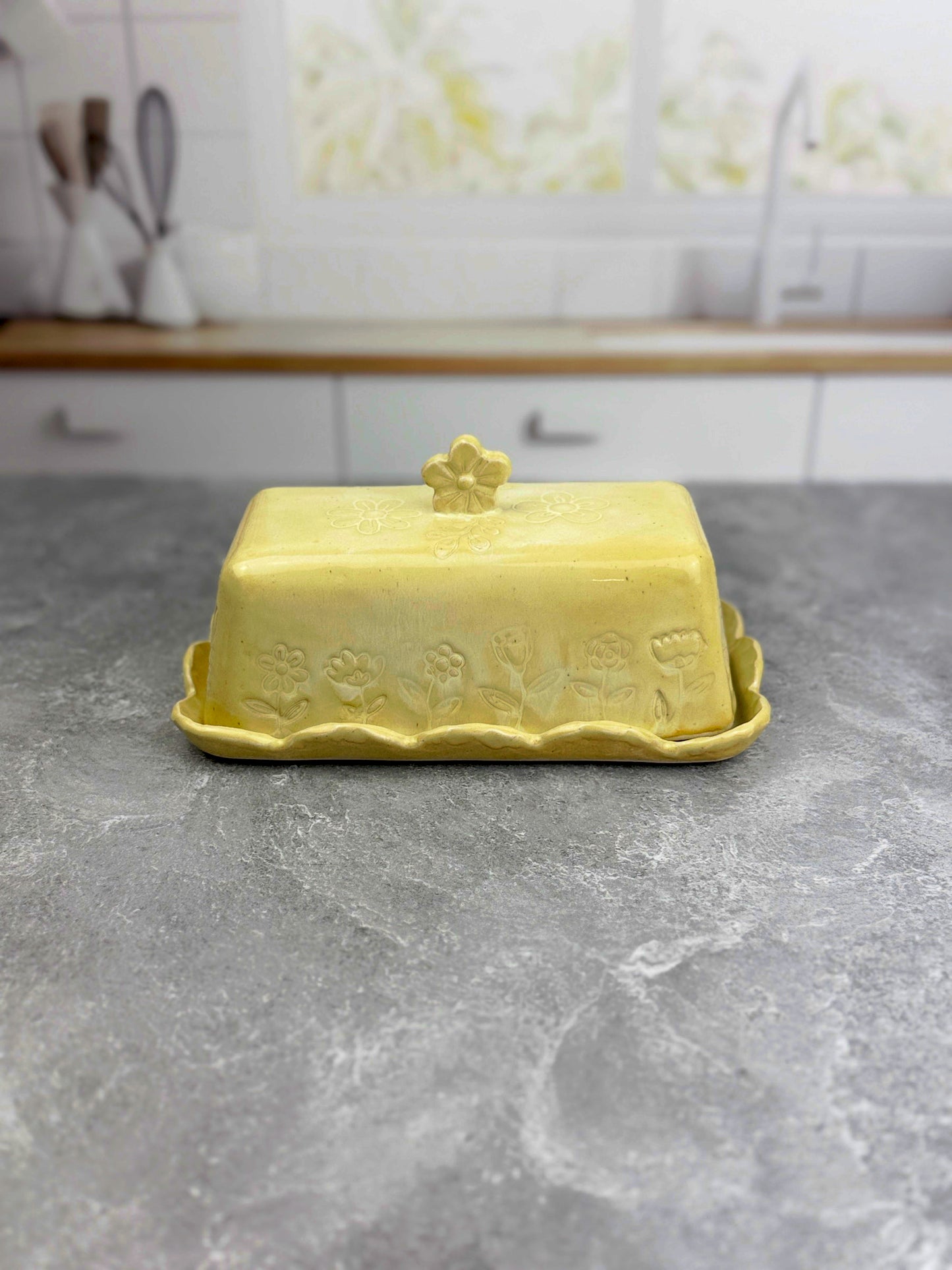 Soft Yellow Ceramic Stoneware Flower Textured Butter Dish