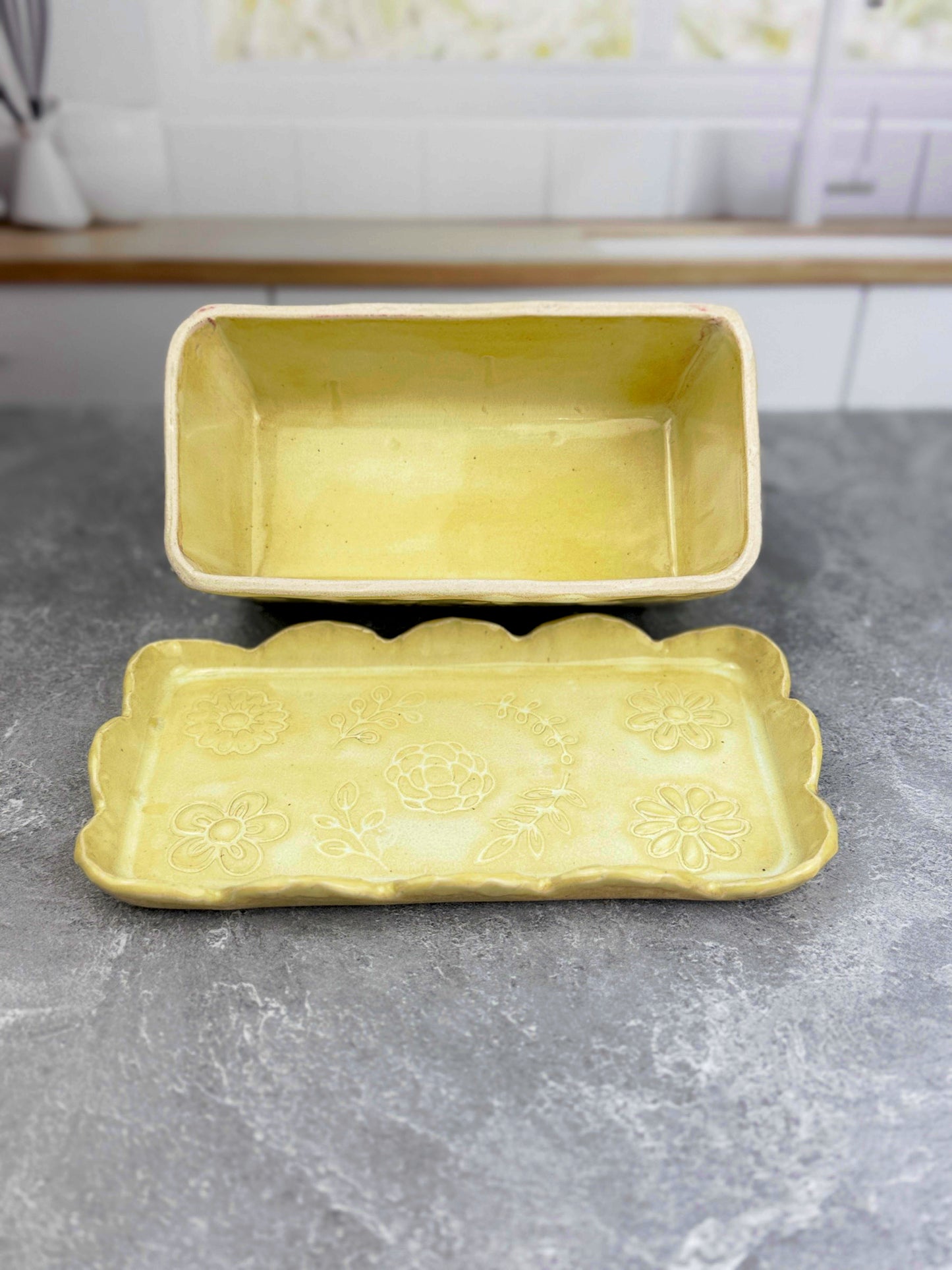 Soft Yellow Ceramic Stoneware Flower Textured Butter Dish