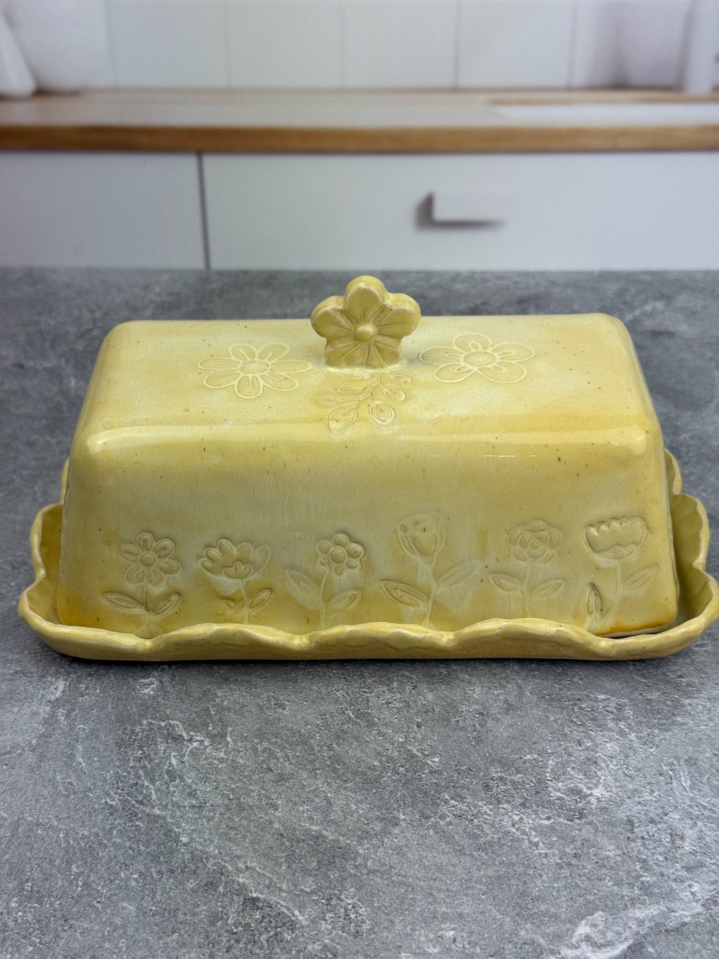 Soft Yellow Ceramic Stoneware Flower Textured Butter Dish