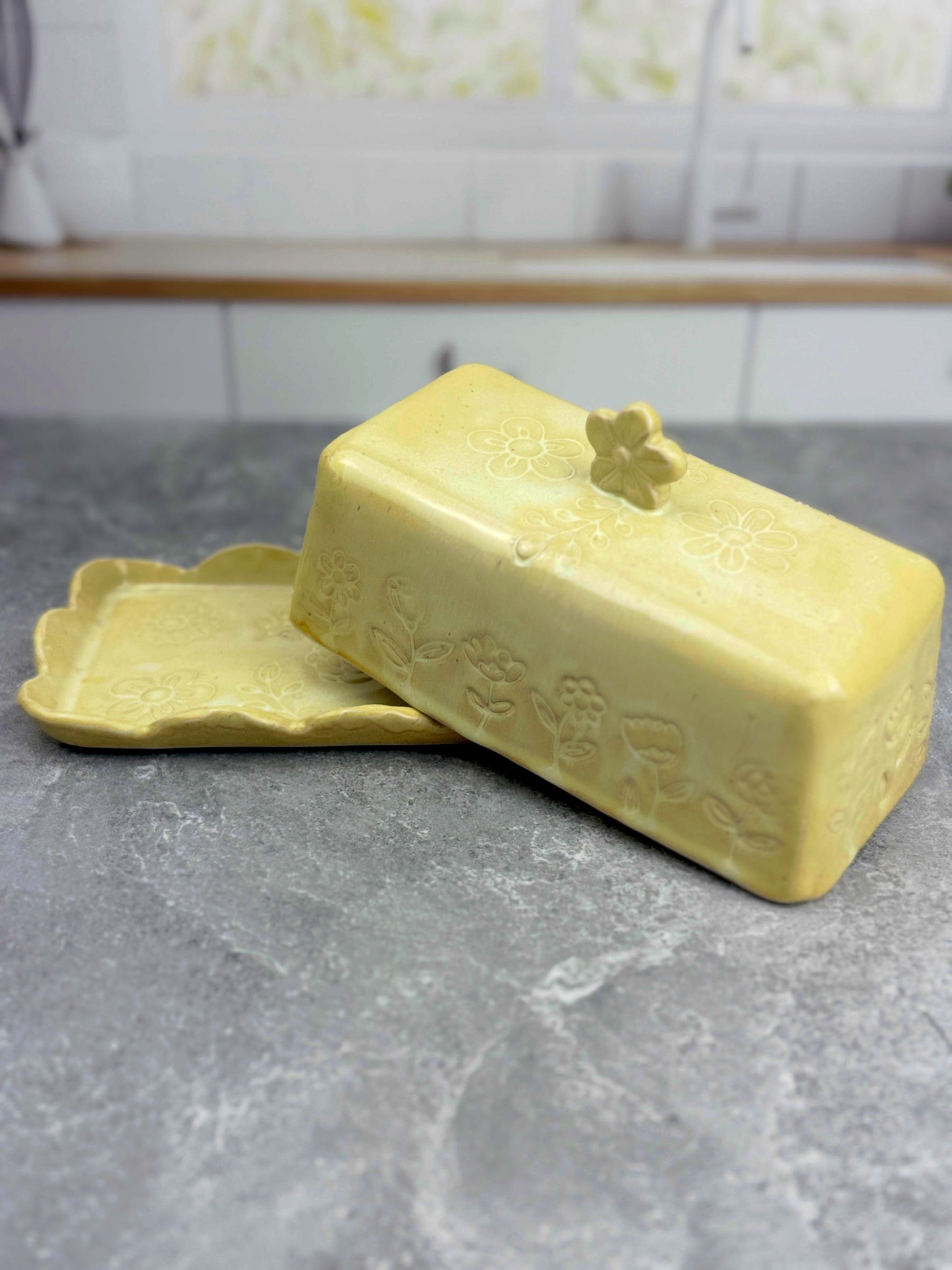 Soft Yellow Ceramic Stoneware Flower Textured Butter Dish