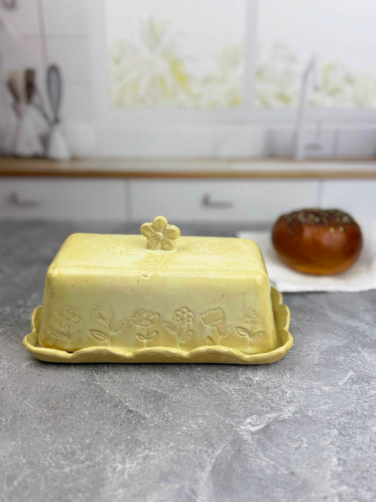 Soft Yellow Ceramic Stoneware Flower Textured Butter Dish