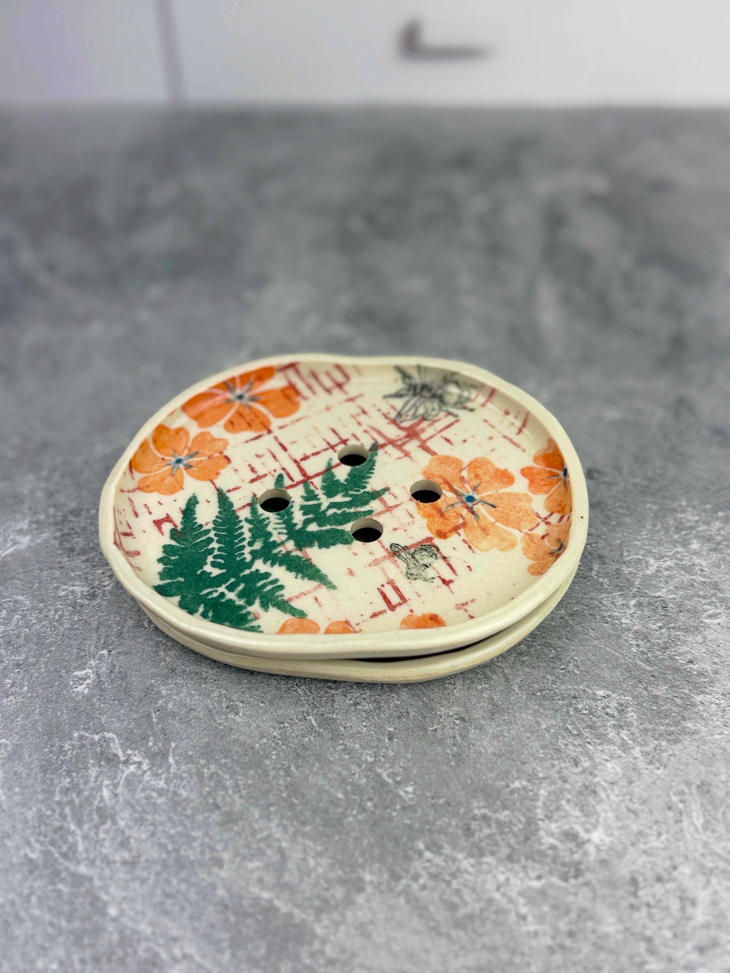 Ceramic Handbuilt Soap Dish Printed with Orange and Green Nature-Inspired Design