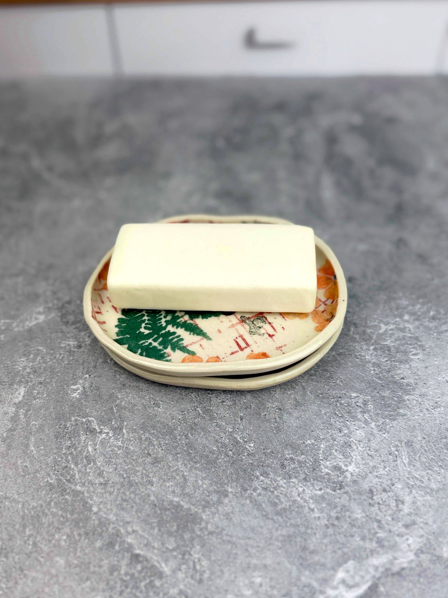 Ceramic Handbuilt Soap Dish Printed with Orange and Green Nature-Inspired Design